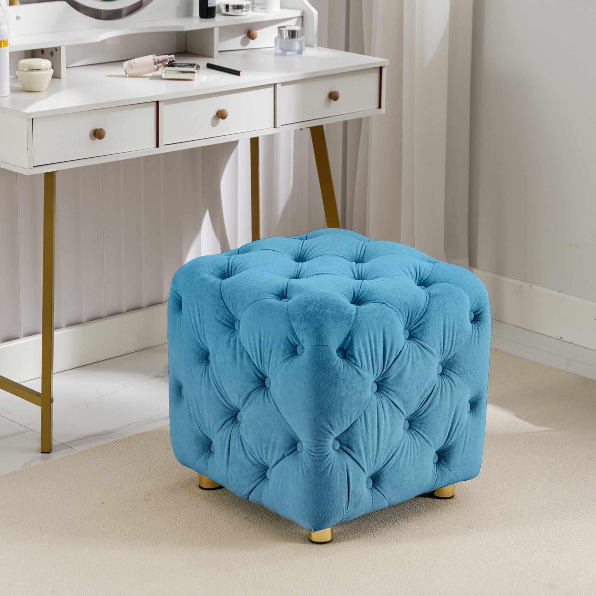 Blue Modern Velvet Upholstered Ottoman, Exquisite Small End Table, Soft Foot Stool,Dressing Makeup Chair, Comfortable Seat for Living Room, Bedroom, Entrance