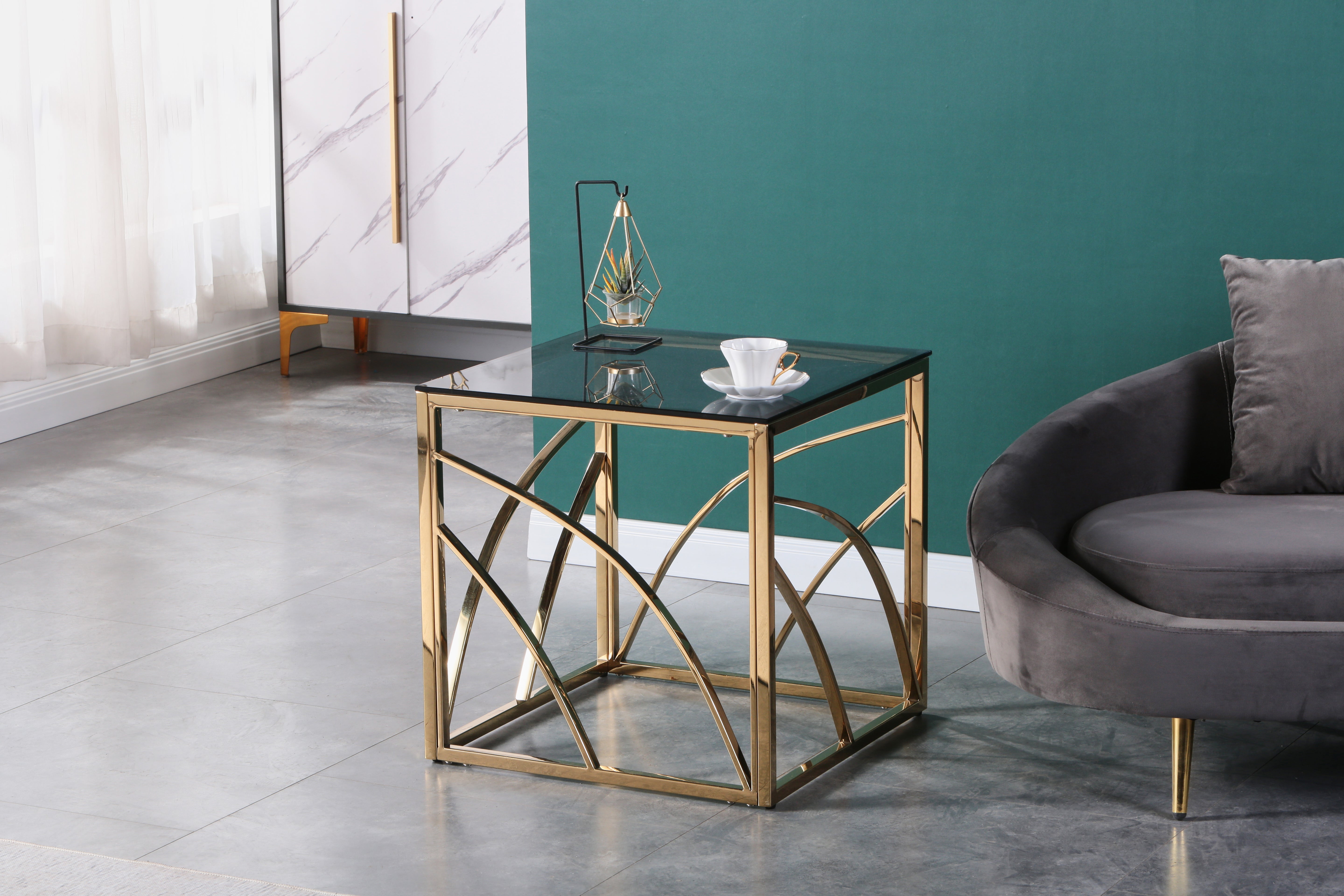 Modern Gold Plated Stainless Steel Cube Coffee Table with Tempered Blue Star Grey Glass Top