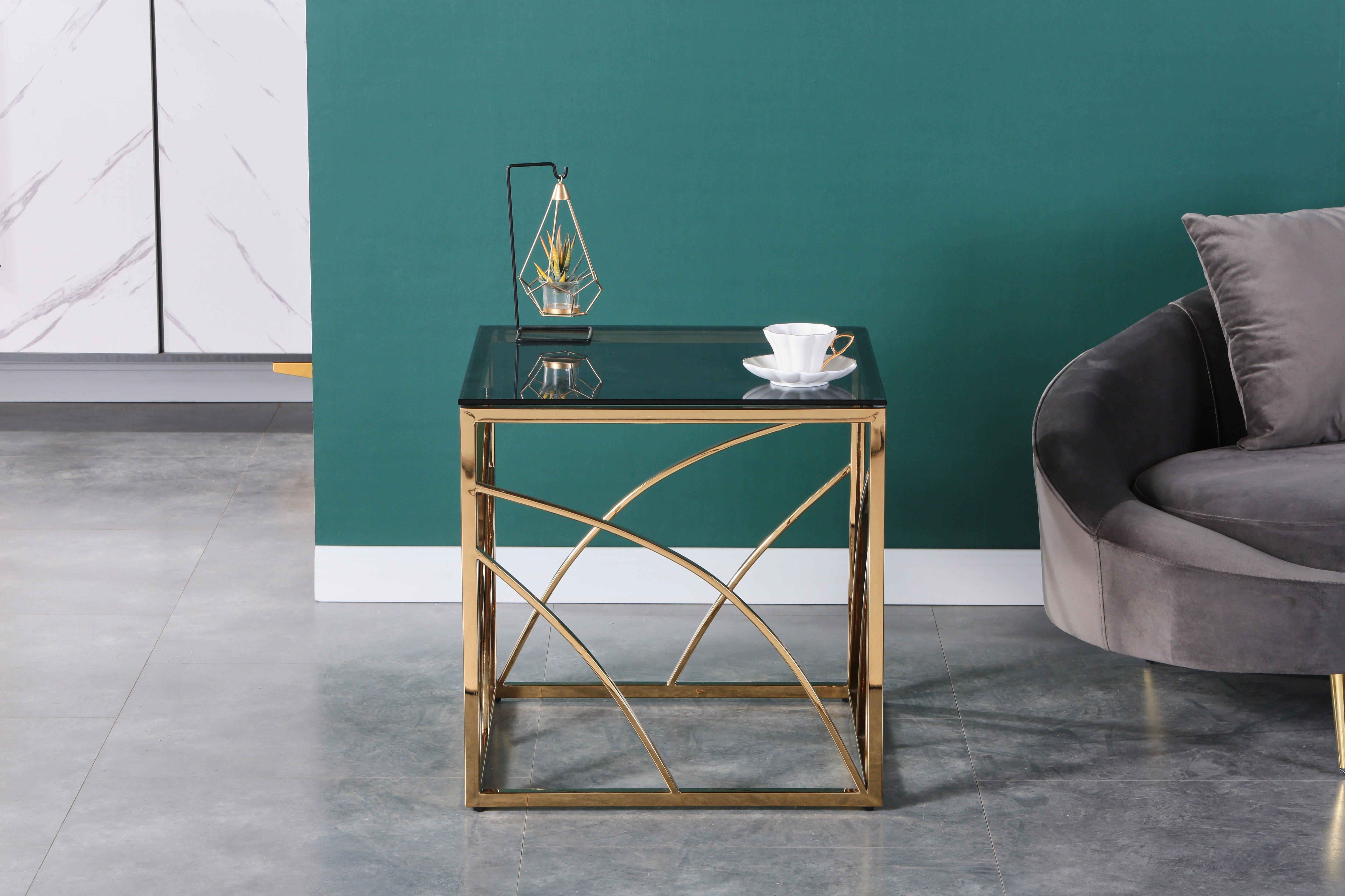 Modern Gold Plated Stainless Steel Cube Coffee Table with Tempered Blue Star Grey Glass Top