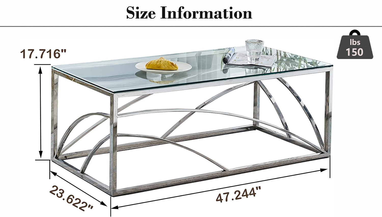 Stainless Steel Rectangular Accent Glass Coffee Table for Living Room- 46.8" Modern Sleek Center Table with Lounge Table with Clear Tempered Glass(Sil