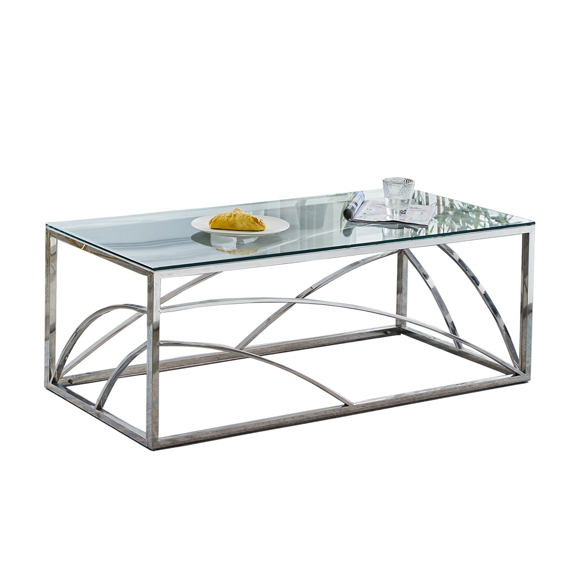 Stainless Steel Rectangular Accent Glass Coffee Table for Living Room- 46.8" Modern Sleek Center Table with Lounge Table with Clear Tempered Glass(Sil