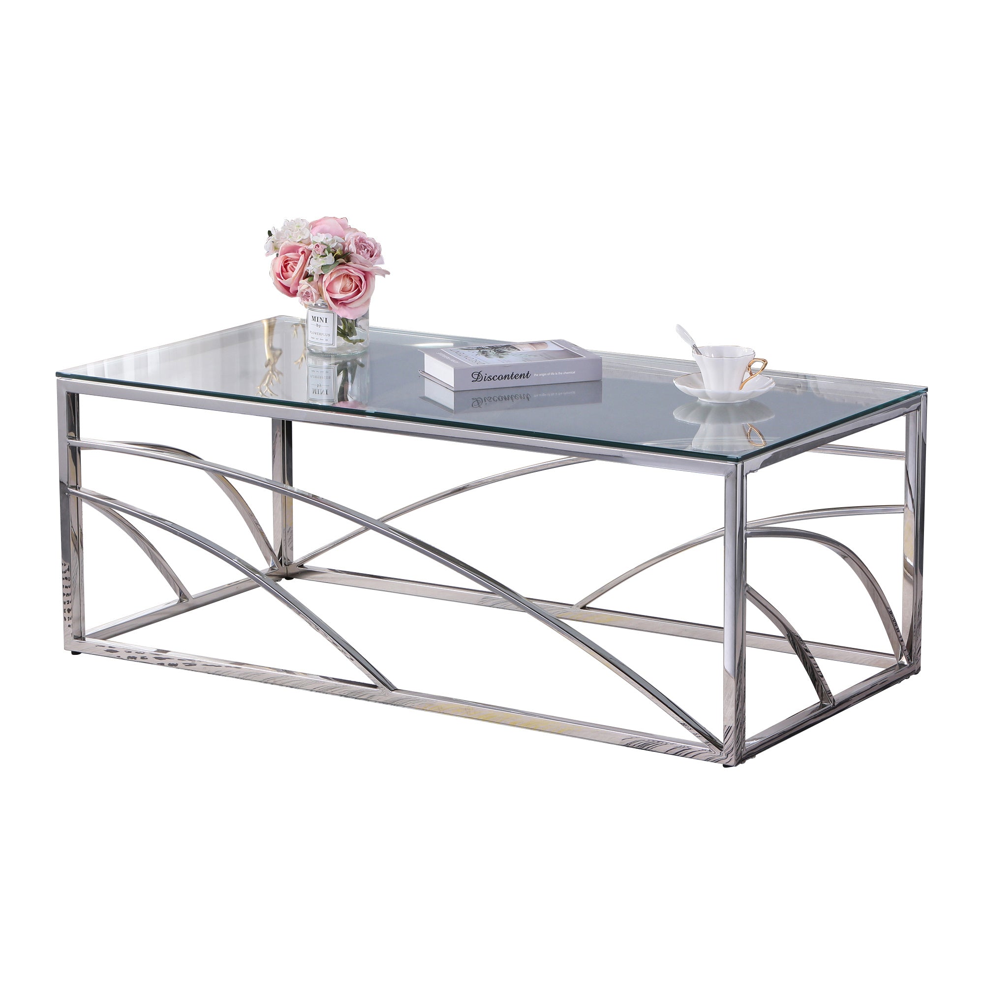 Stainless Steel Rectangular Accent Glass Coffee Table for Living Room- 46.8" Modern Sleek Center Table with Lounge Table with Clear Tempered Glass(Sil