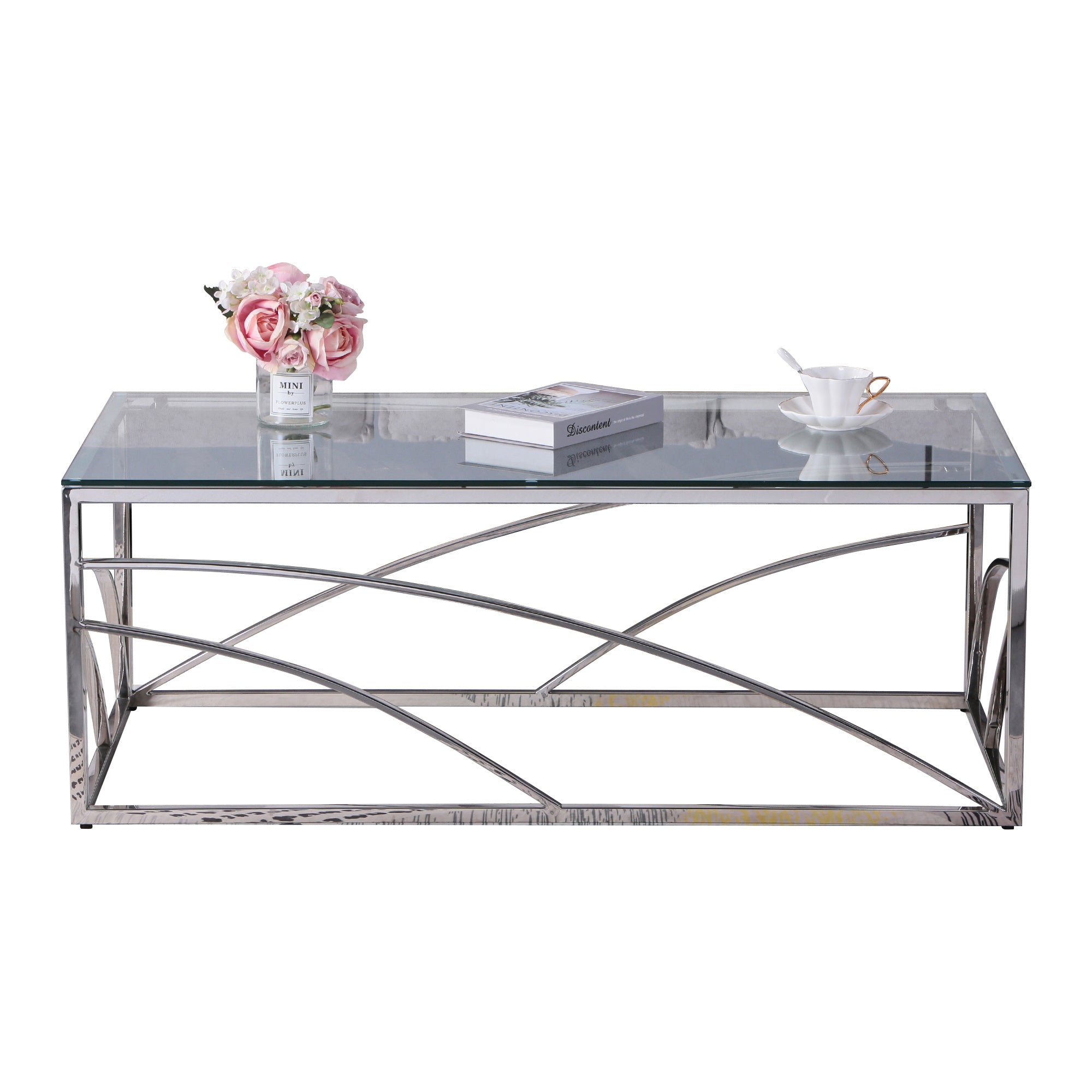 Stainless Steel Rectangular Accent Glass Coffee Table for Living Room- 46.8" Modern Sleek Center Table with Lounge Table with Clear Tempered Glass(Sil