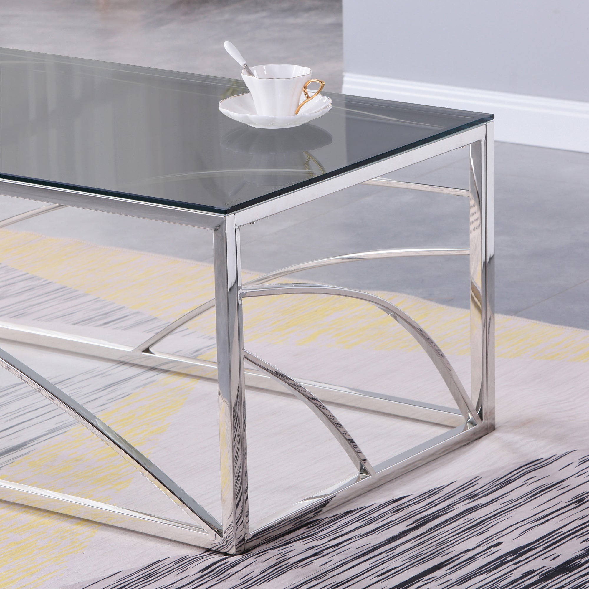 Stainless Steel Rectangular Accent Glass Coffee Table for Living Room- 46.8" Modern Sleek Center Table with Lounge Table with Dark Gray Tempered Glass