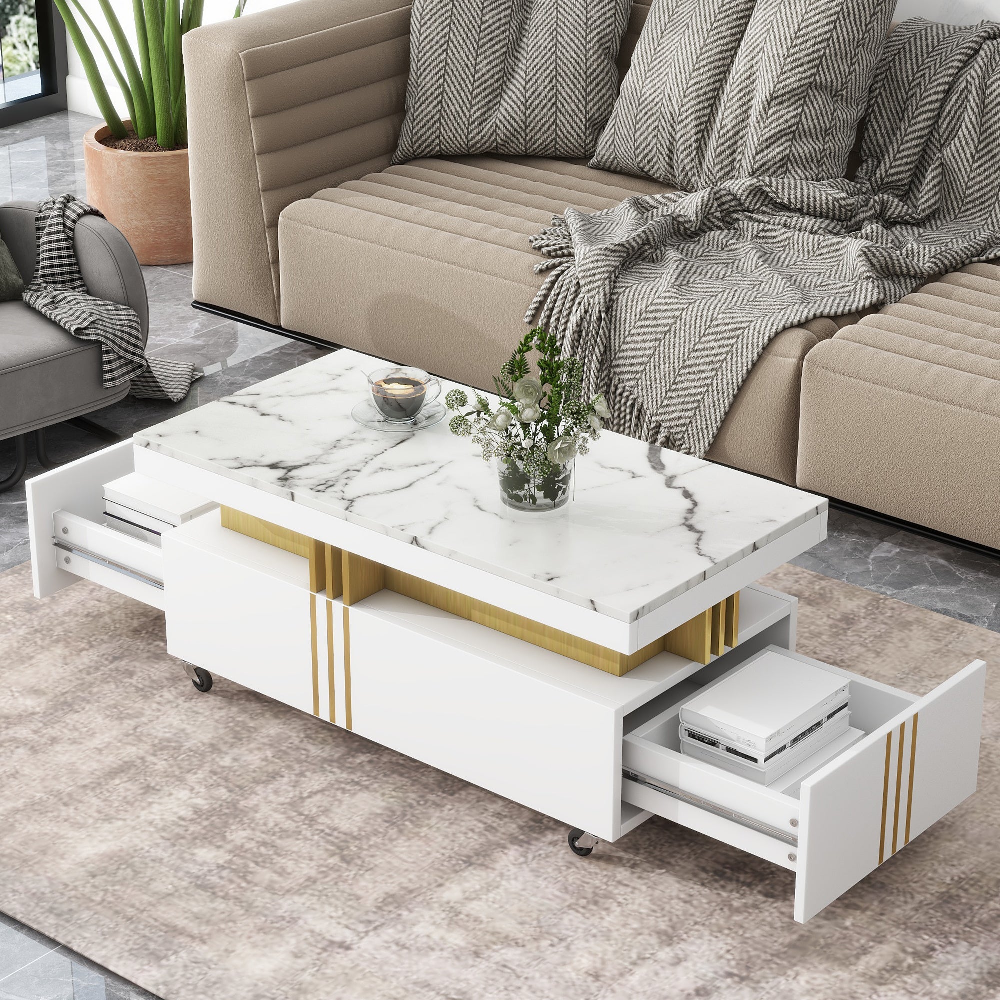 ON-TREND Contemporary Coffee Table with Faux Marble Top, Rectangle Cocktail Table with Caster Wheels, Moderate Luxury Center Table with Gold Metal Bar