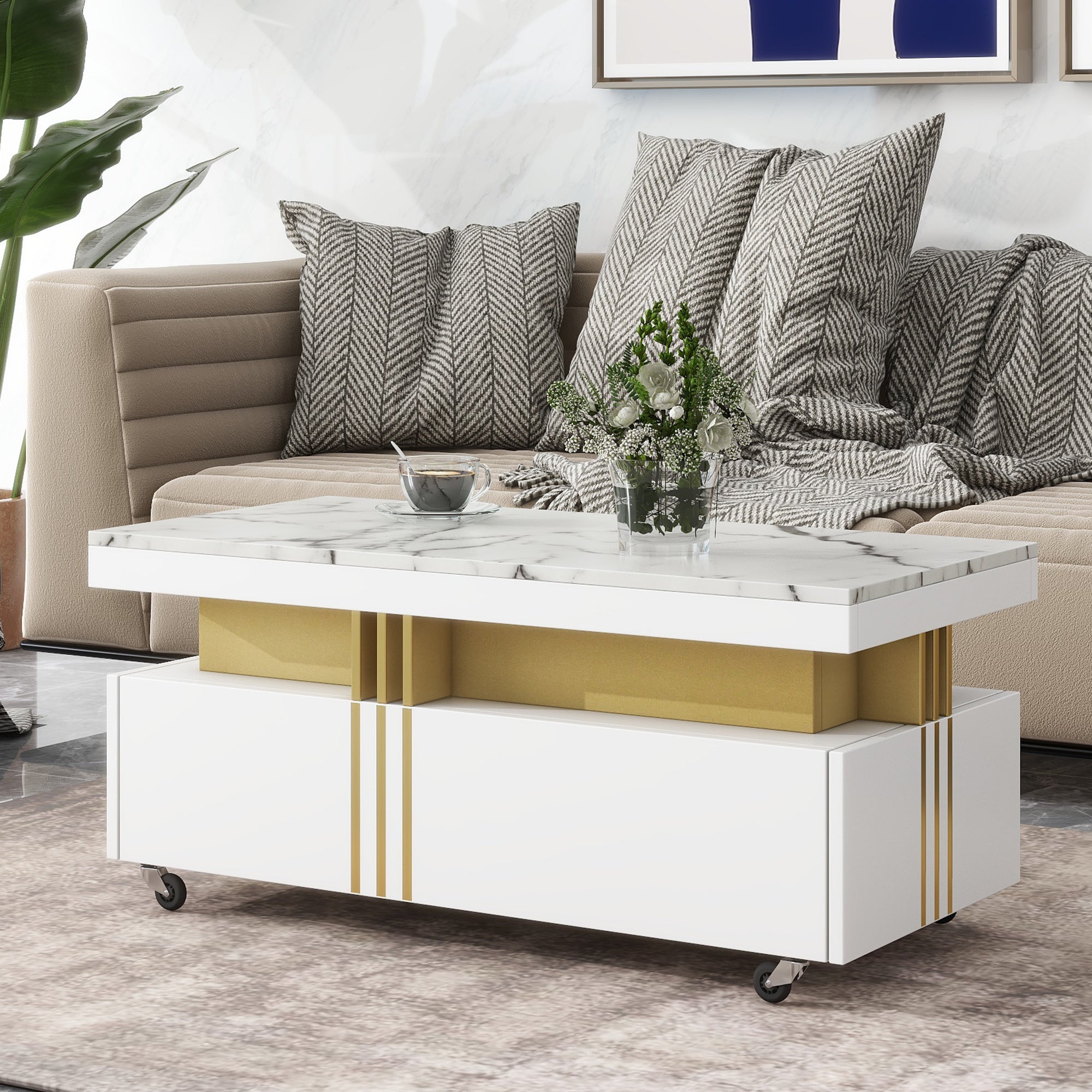 ON-TREND Contemporary Coffee Table with Faux Marble Top, Rectangle Cocktail Table with Caster Wheels, Moderate Luxury Center Table with Gold Metal Bar