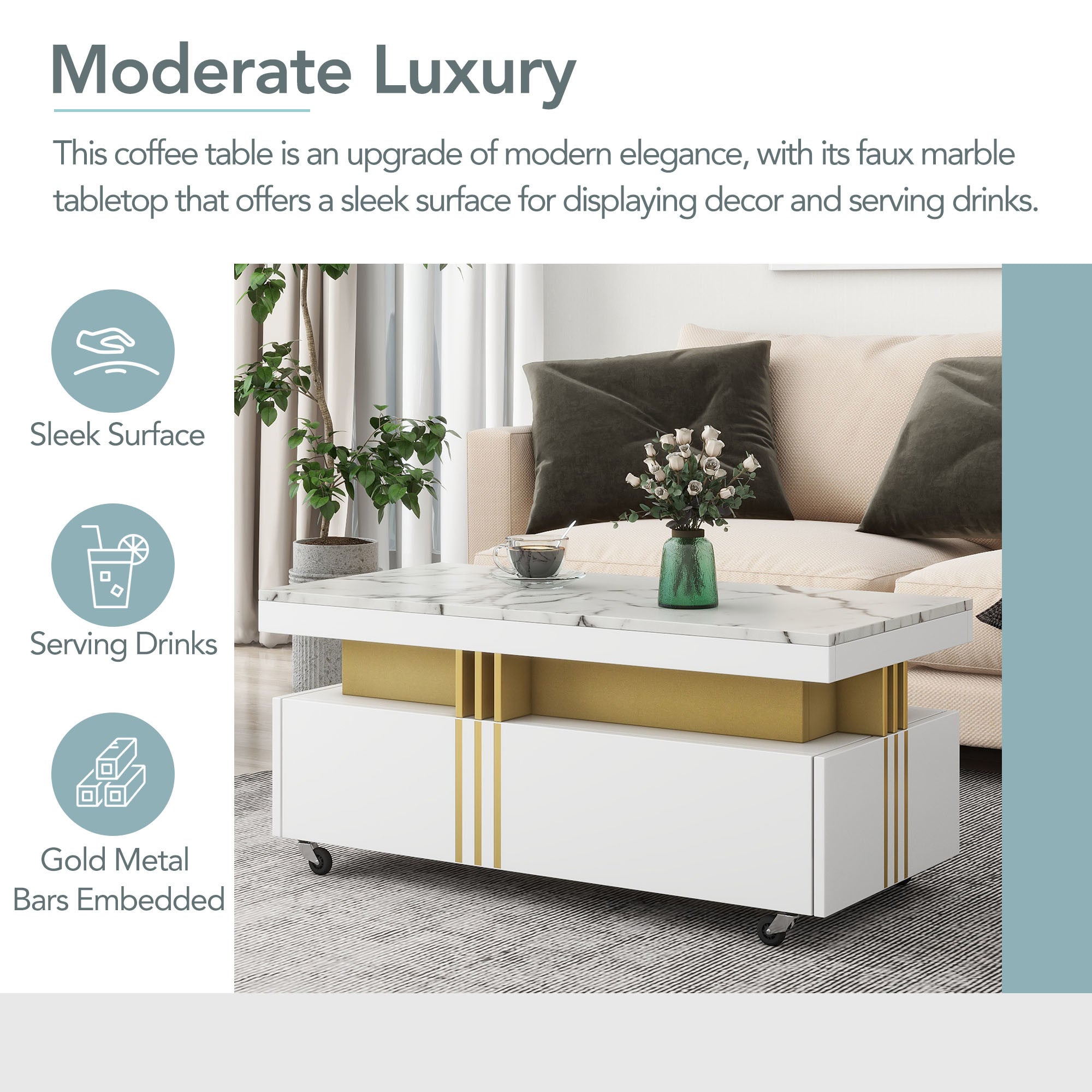 ON-TREND Contemporary Coffee Table with Faux Marble Top, Rectangle Cocktail Table with Caster Wheels, Moderate Luxury Center Table with Gold Metal Bar