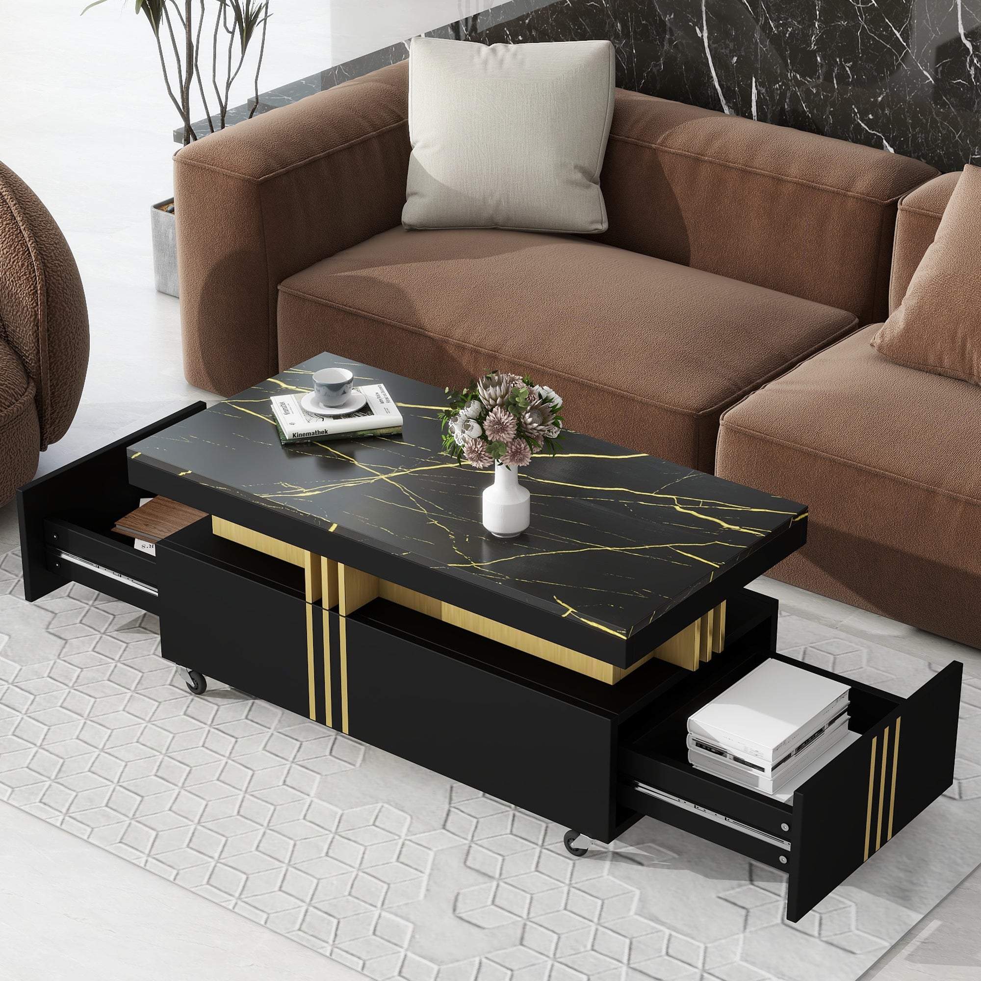 ON-TREND Contemporary Coffee Table with Faux Marble Top, Rectangle Cocktail Table with Caster Wheels, Moderate Luxury Center Table with Gold Metal Bar