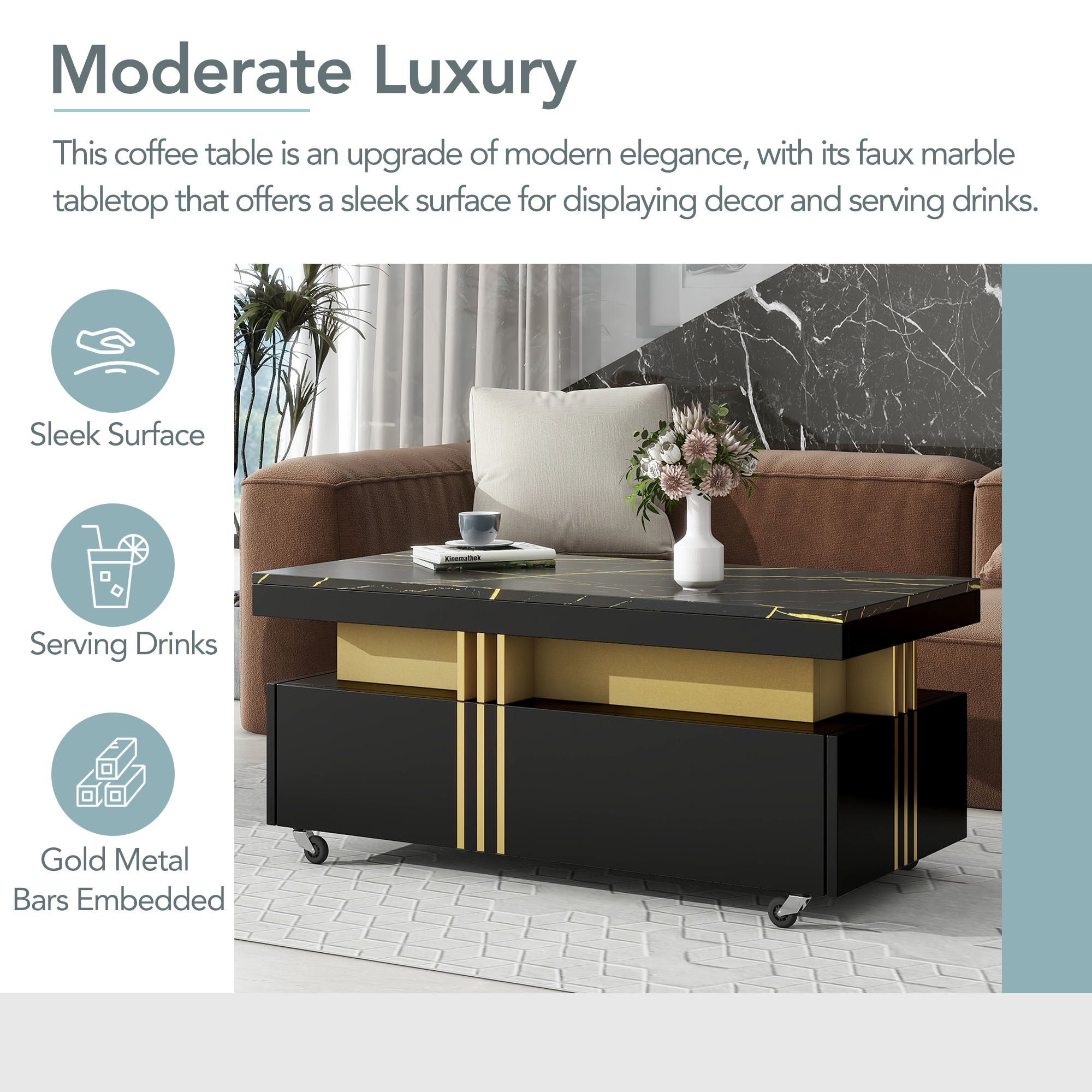 ON-TREND Contemporary Coffee Table with Faux Marble Top, Rectangle Cocktail Table with Caster Wheels, Moderate Luxury Center Table with Gold Metal Bar