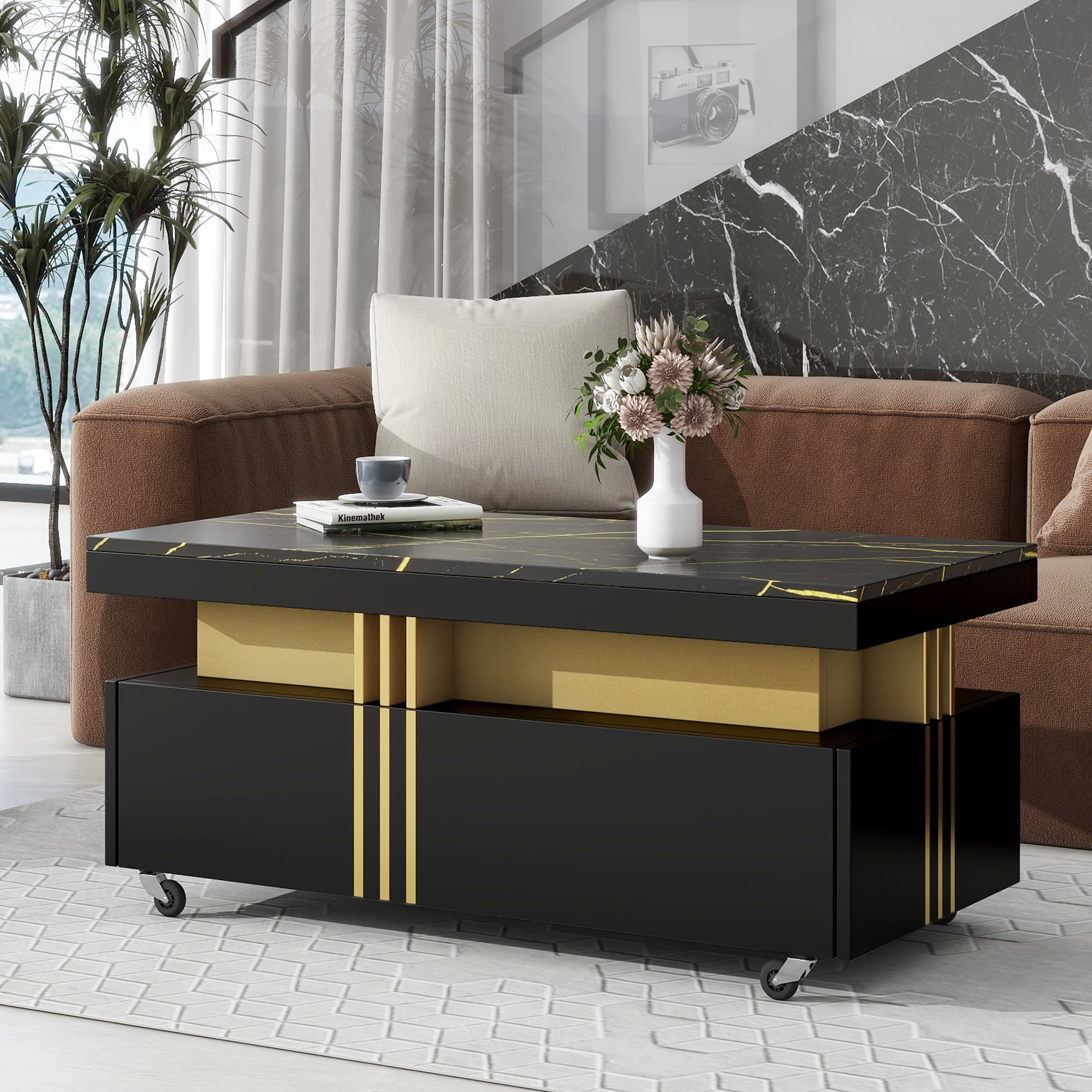 ON-TREND Contemporary Coffee Table with Faux Marble Top, Rectangle Cocktail Table with Caster Wheels, Moderate Luxury Center Table with Gold Metal Bar