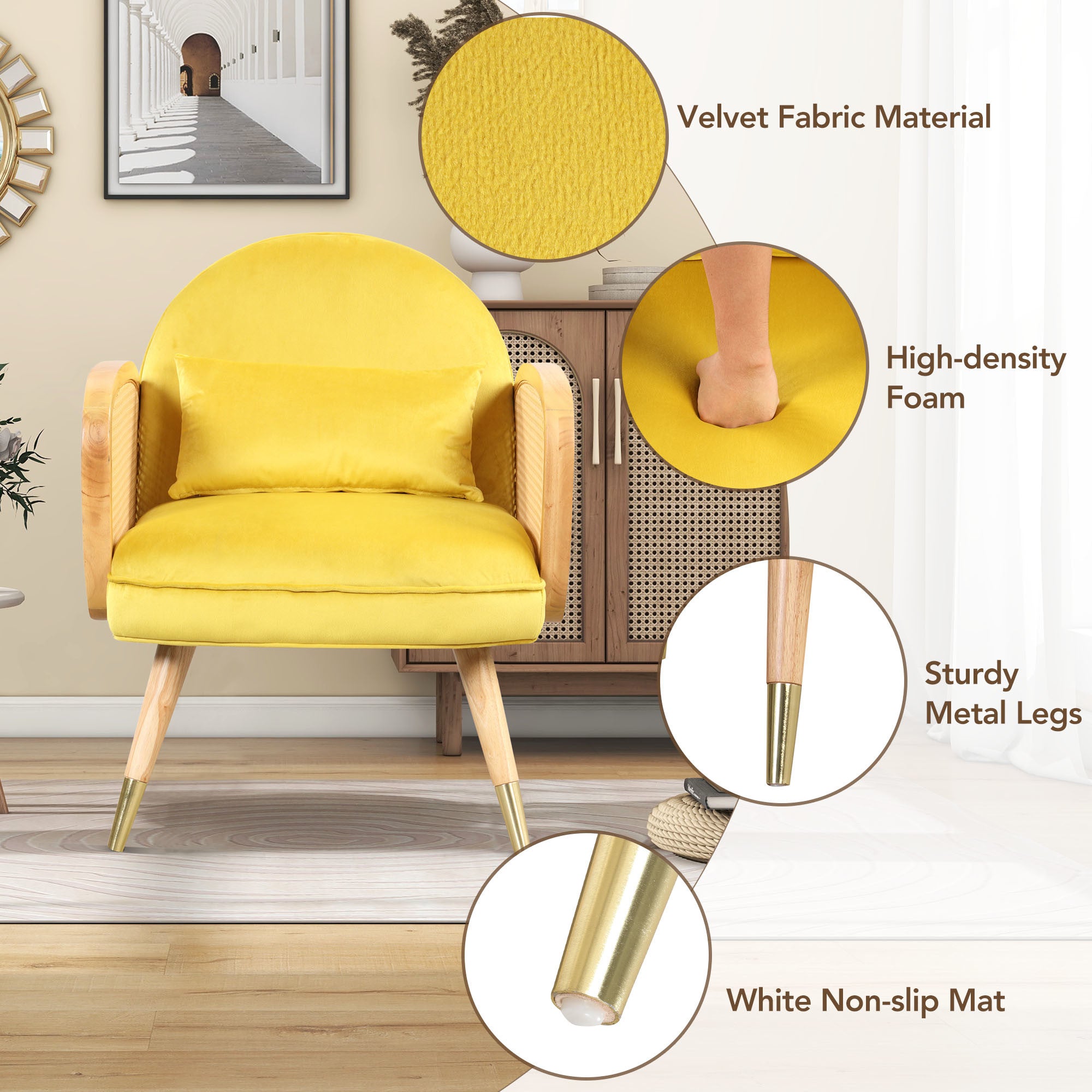 Amchair with Rattan Armrest and Metal Legs Upholstered Mid Century Modern Chairs for Living Room or Reading Room, Yellow