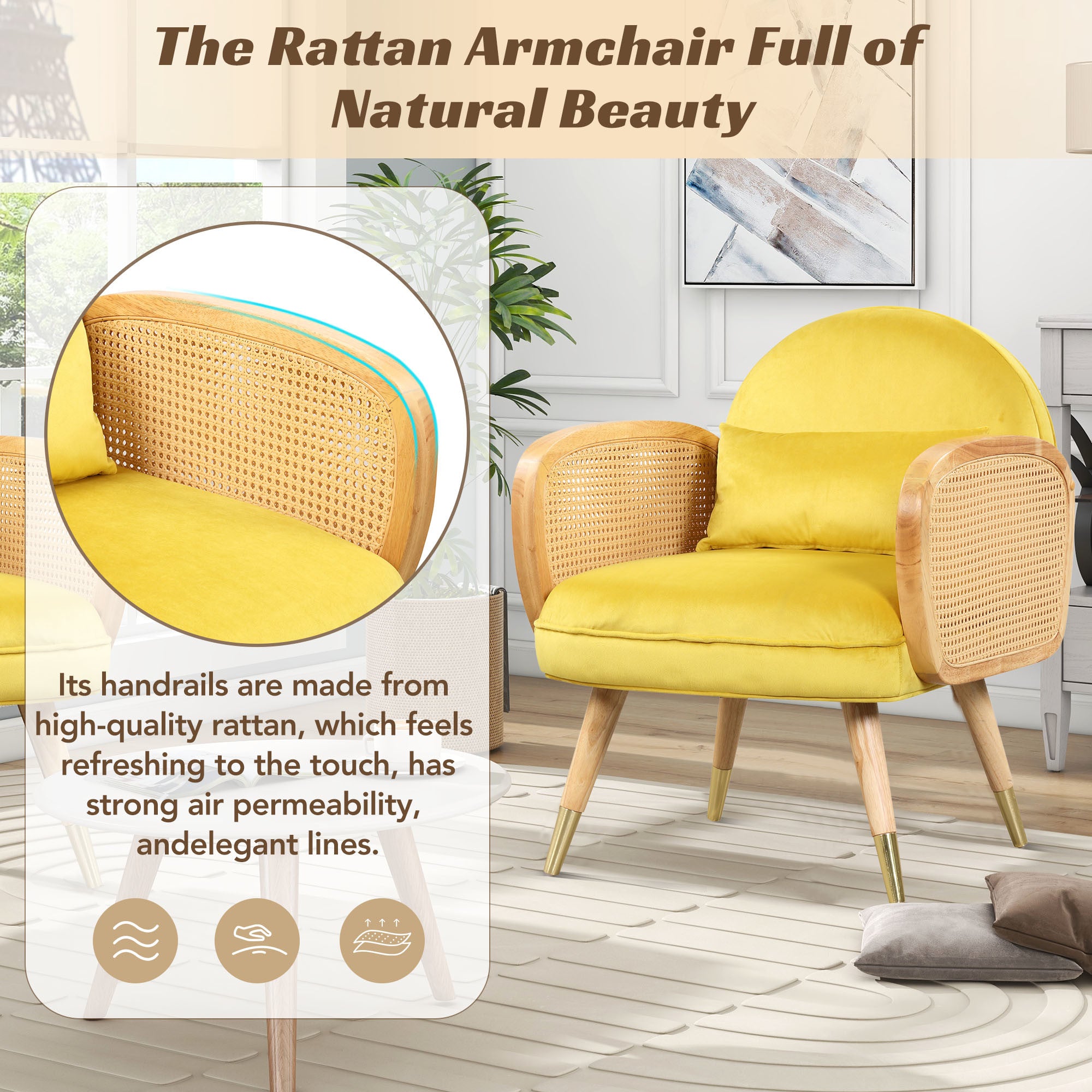 Amchair with Rattan Armrest and Metal Legs Upholstered Mid Century Modern Chairs for Living Room or Reading Room, Yellow