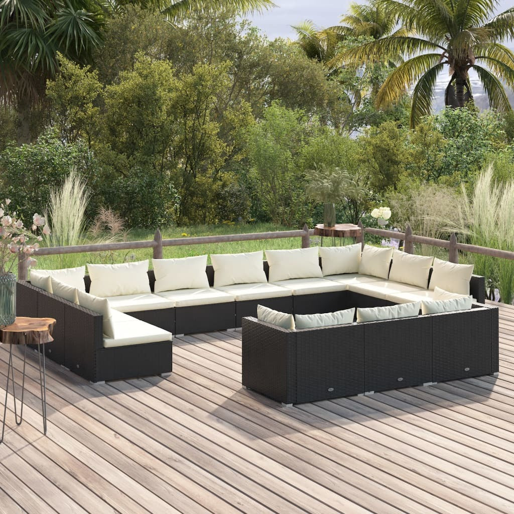 13 Piece Patio Lounge Set with Cushions Black Poly Rattan