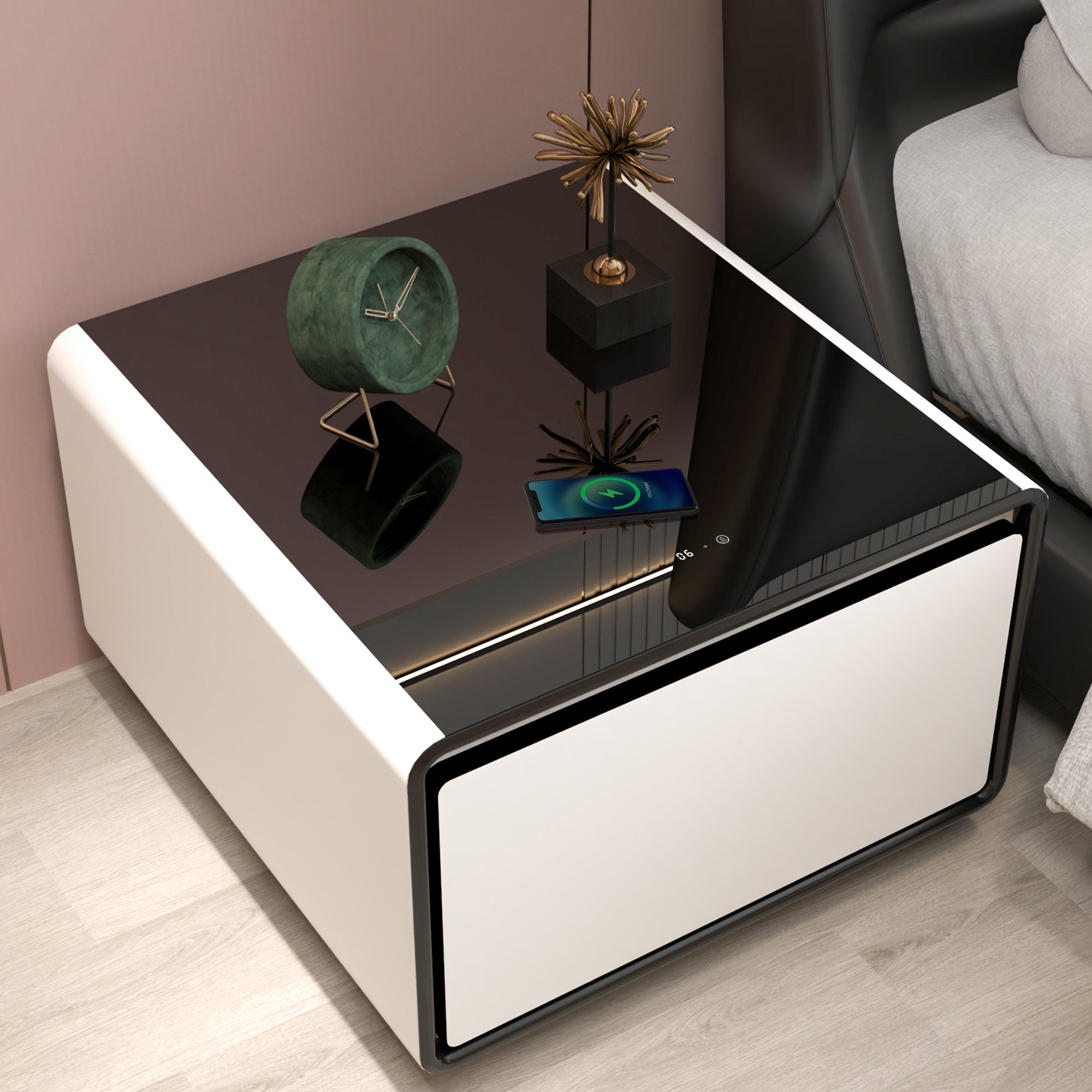 Smart Side Table with Built in Fridge, Wireless charging, Power socket and Human sensor light