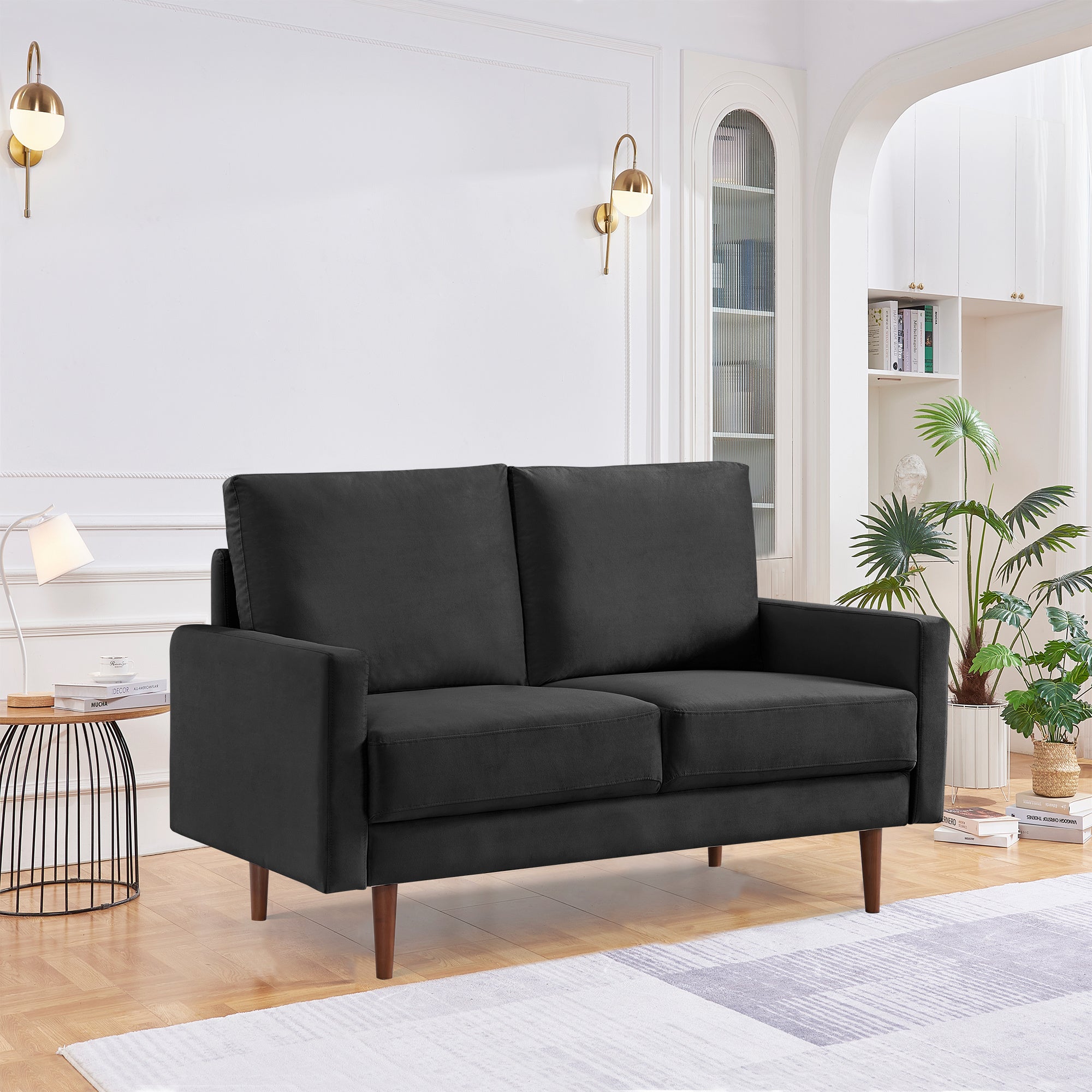 57.1' Modern Decor Upholstered Sofa Furniture, Wide Velvet Fabric Loveseat Couch, Solid Wooden Frame with Padded Cushion - Black