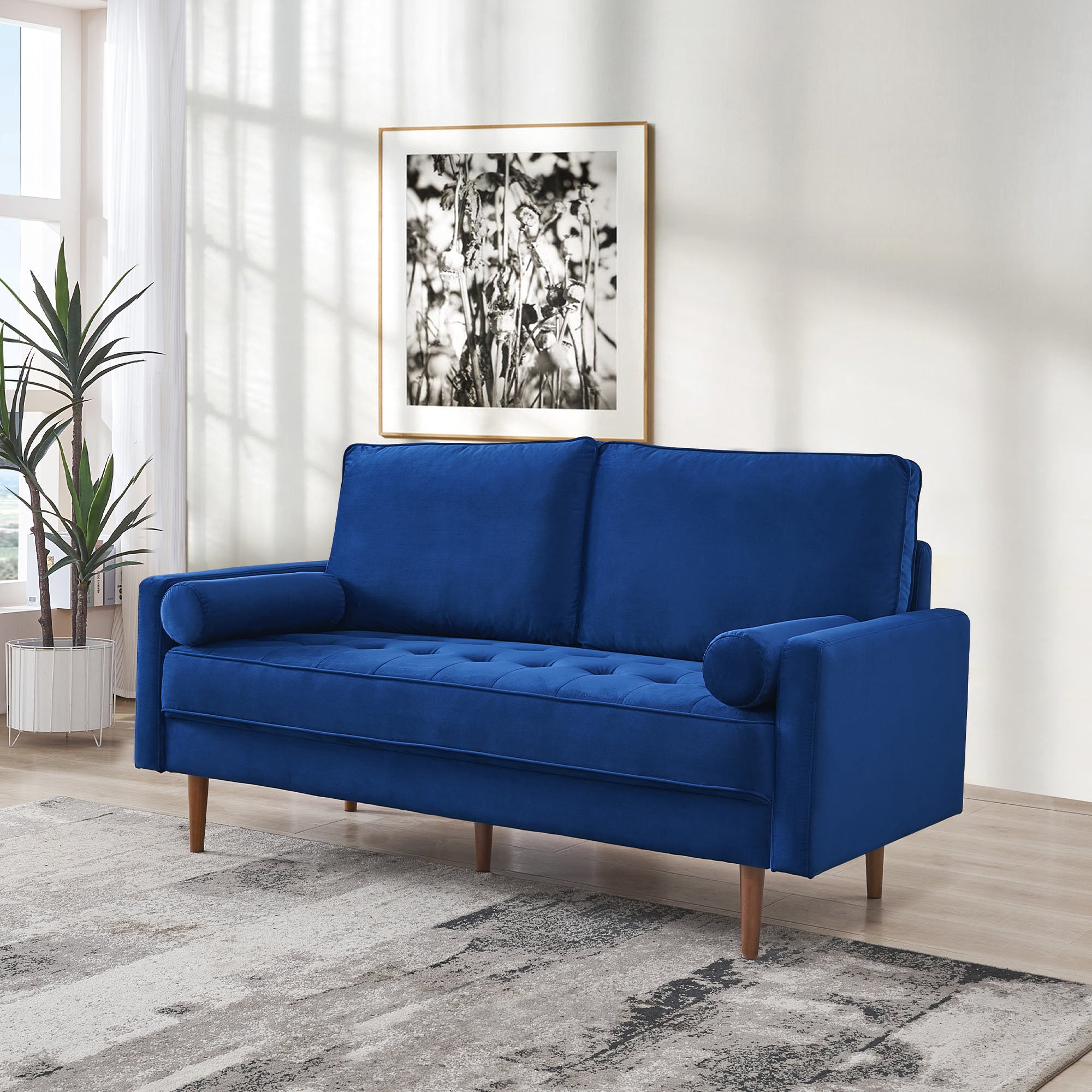 69 Inches Upholstered Sofa Couch Furniture, Modern Velvet Loveseat, Tufted 3-seater Cushion with Bolster Pillows - Blue