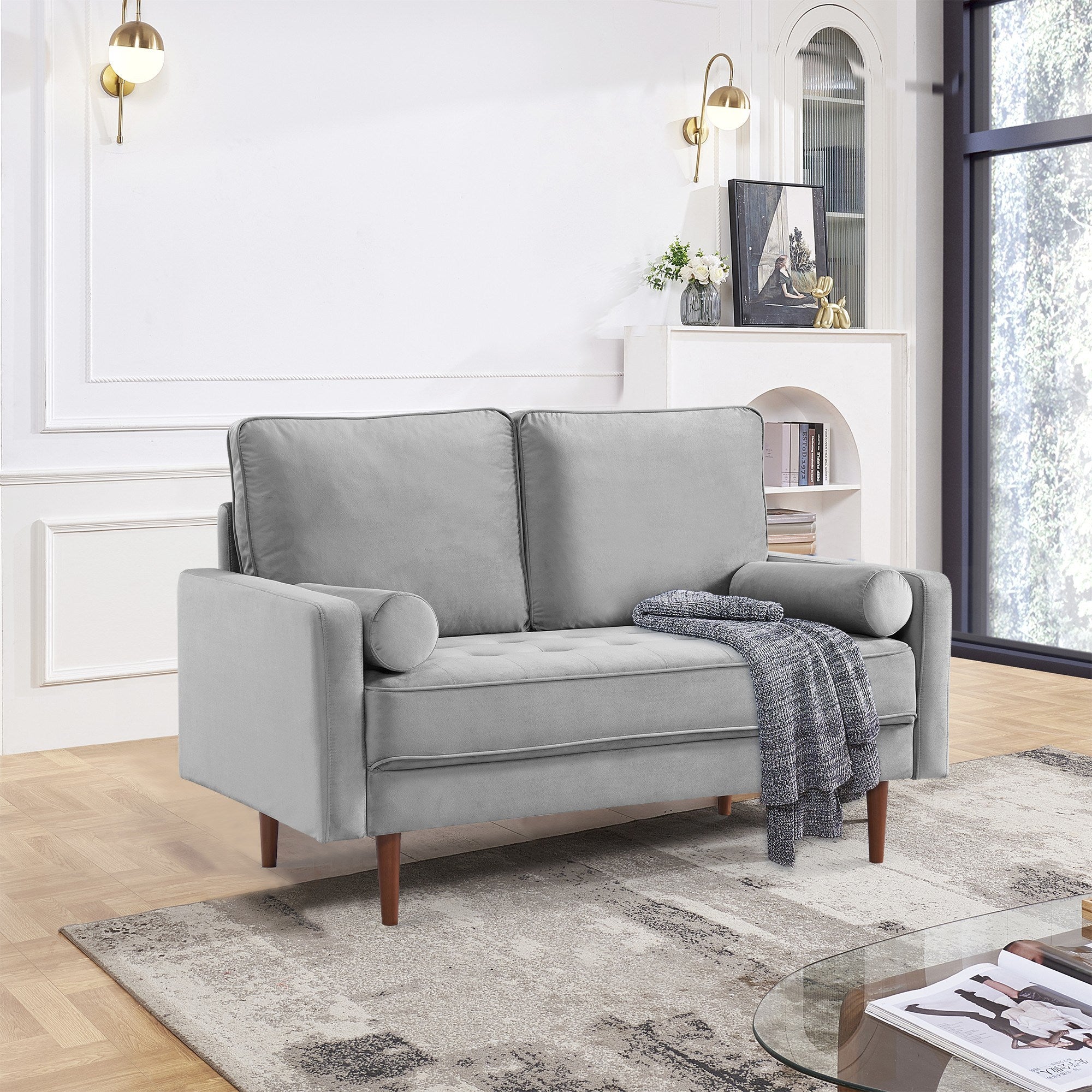 57.1' Upholstered Sofa Couch Furniture, Modern Velvet Loveseat, Tufted 3-seater Cushion with Bolster Pillows - Grey