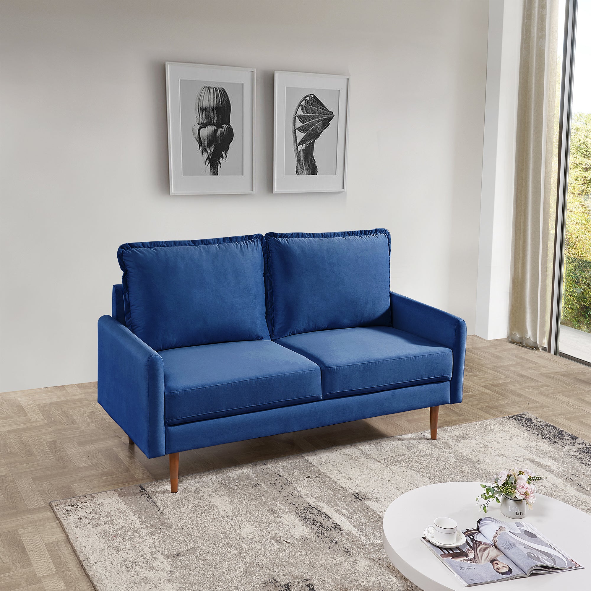 57.1' Upholstered Velvet Sofa Couch, Modern Craftsmanship Seat with 3-Seater Cushions & Track Square Armrest - Blue