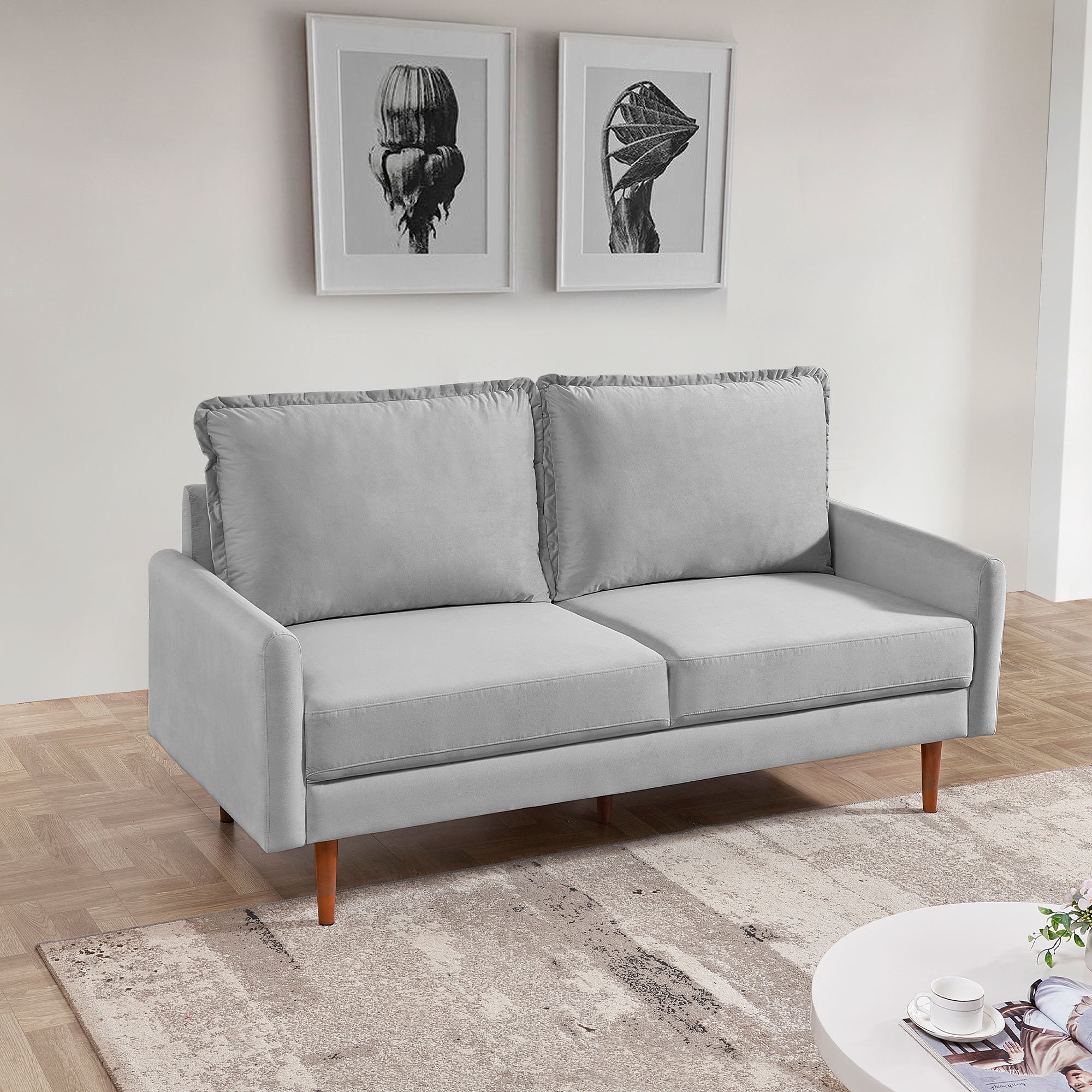 69' Upholstered Velvet Sofa Couch, Modern Craftsmanship Seat with 3-Seater Cushions & Track Square Armrest - Grey