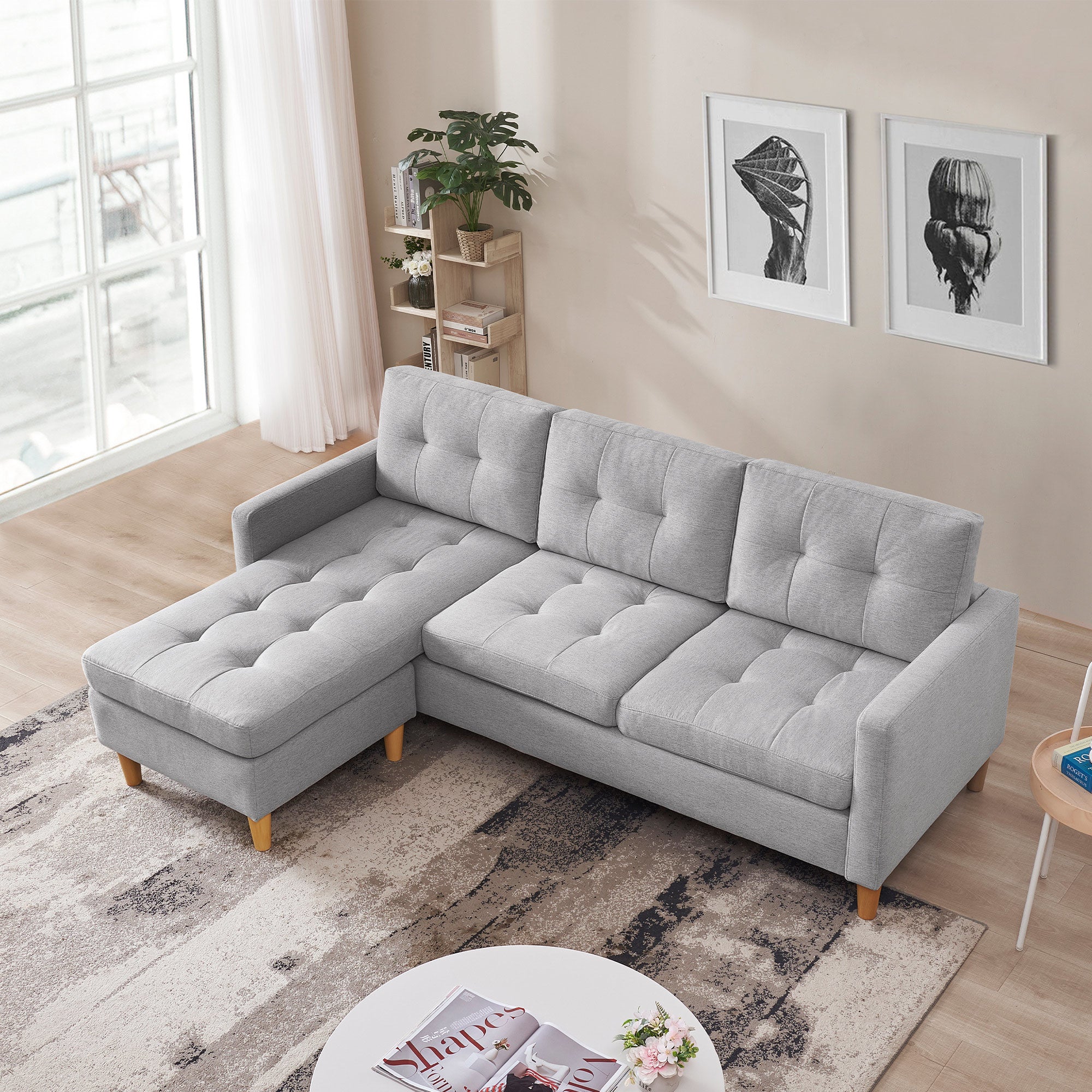 87 Inches Wide Modern Convertible Sectional Sofa & Chaise, L Shaped Tufted Fabric Couch, Reversible Sectional Sofa with Ottoman - Light Grey