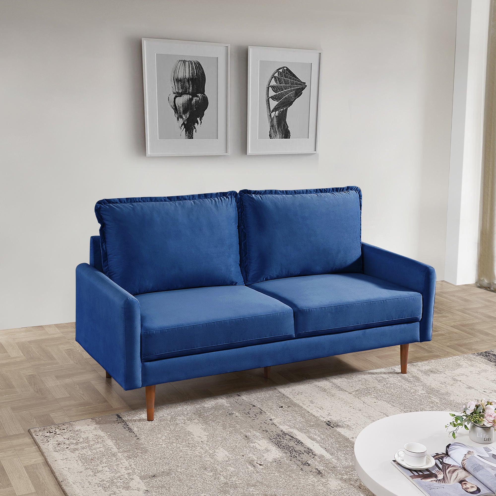 69' Upholstered Velvet Sofa Couch, Modern Craftsmanship Seat with 3-Seater Cushions & Track Square Armrest - Blue