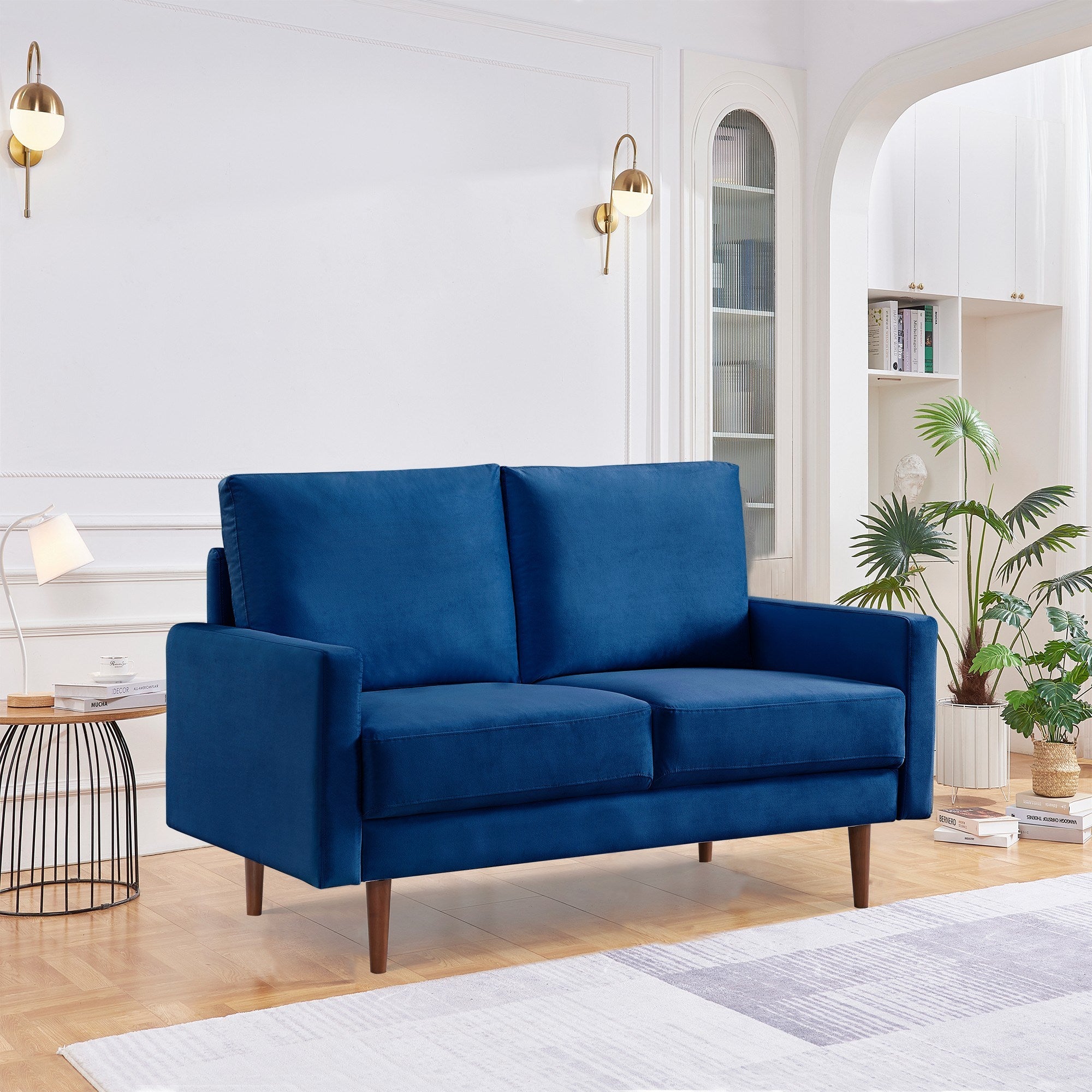 57.1' Modern Decor Upholstered Sofa Furniture, Wide Velvet Fabric Loveseat Couch, Solid Wooden Frame with Padded Cushion - Blue