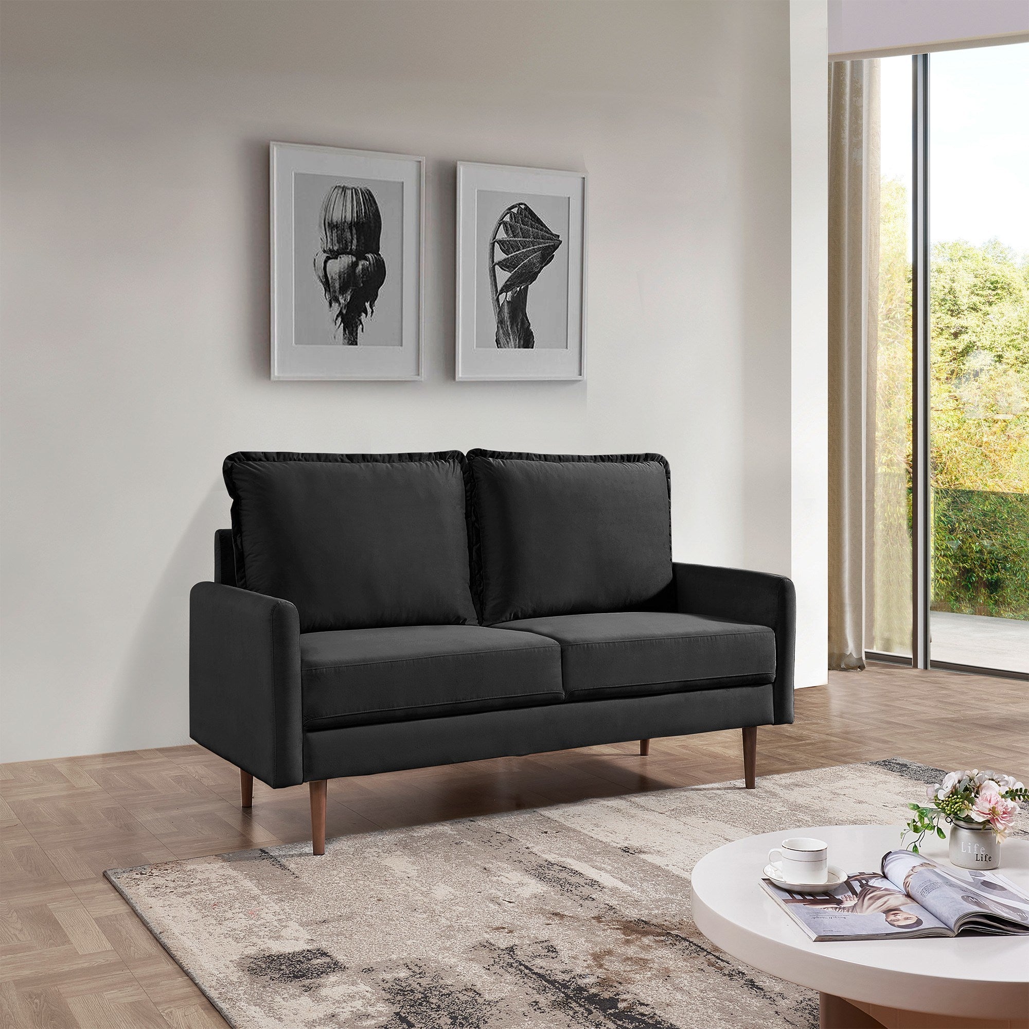 57.1' Upholstered Velvet Sofa Couch, Modern Craftsmanship Seat with 3-Seater Cushions & Track Square Armrest - Black