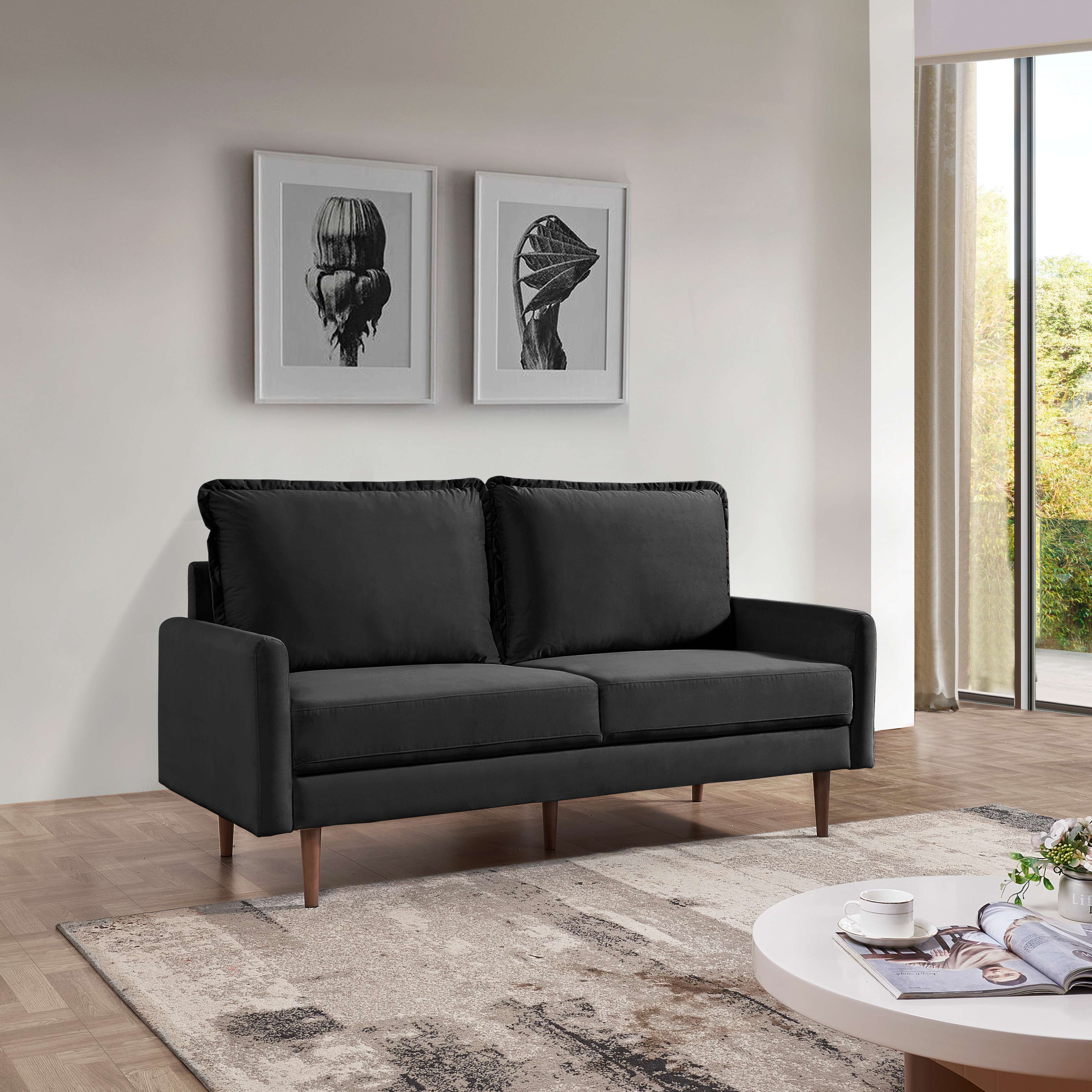 69' Upholstered Velvet Sofa Couch, Modern Craftsmanship Seat with 3-Seater Cushions & Track Square Armrest - Black