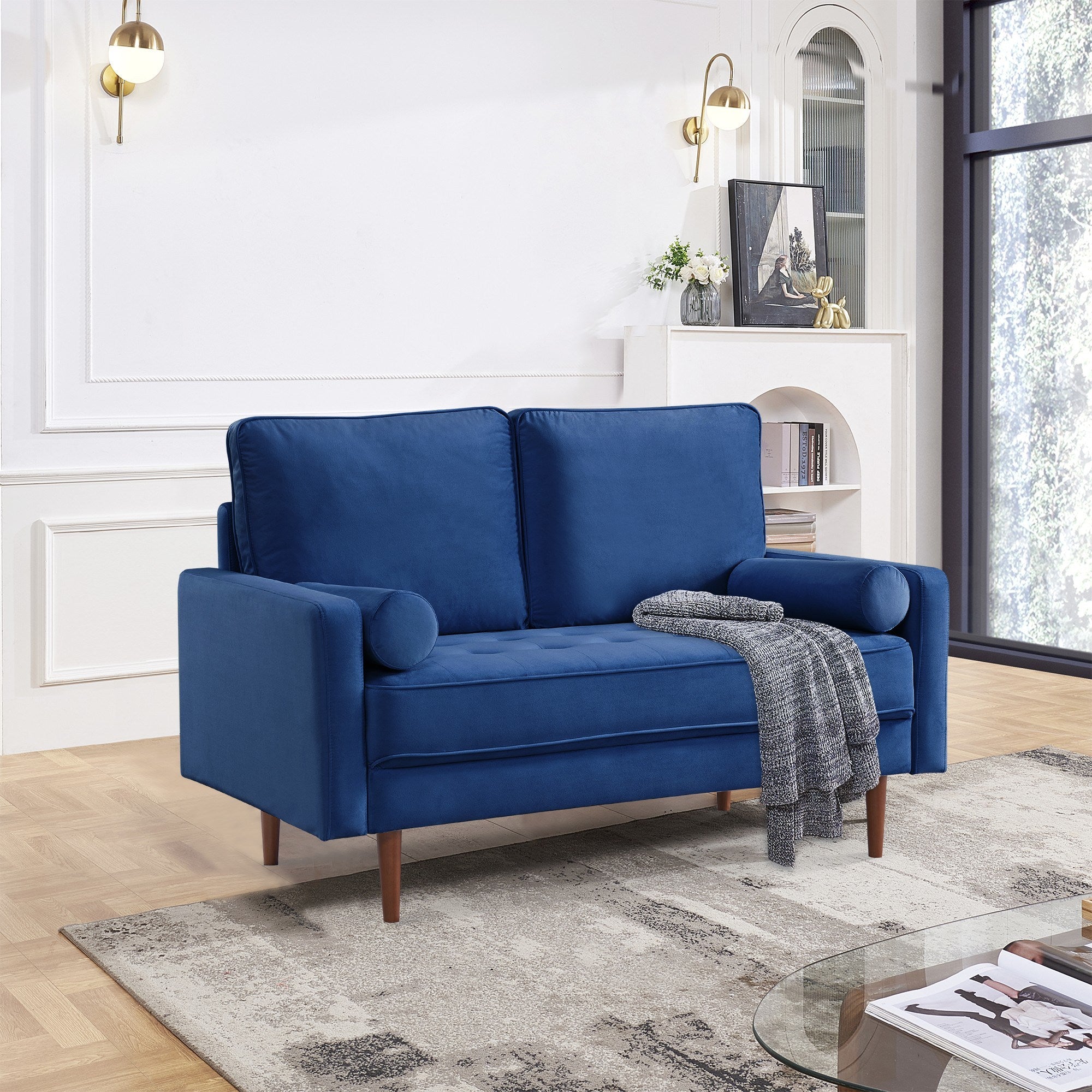 57.1' Upholstered Sofa Couch Furniture, Modern Velvet Loveseat, Tufted 3-seater Cushion with Bolster Pillows - Blue