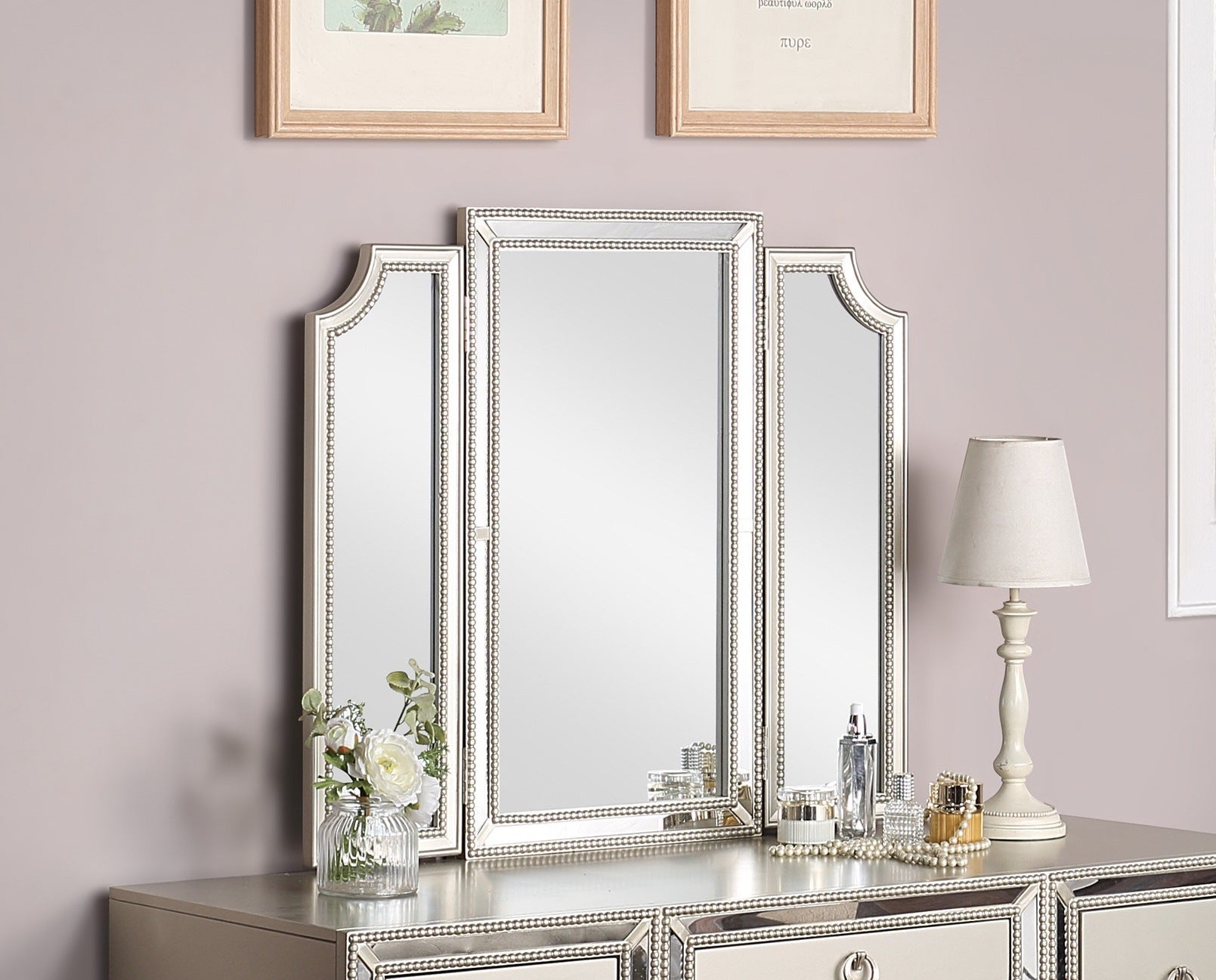 Luxurious Majestic Classic Silver Color Vanity Set w Stool 3- Storage Drawers 1pc Bedroom Furniture Set Tri-Fold Mirror