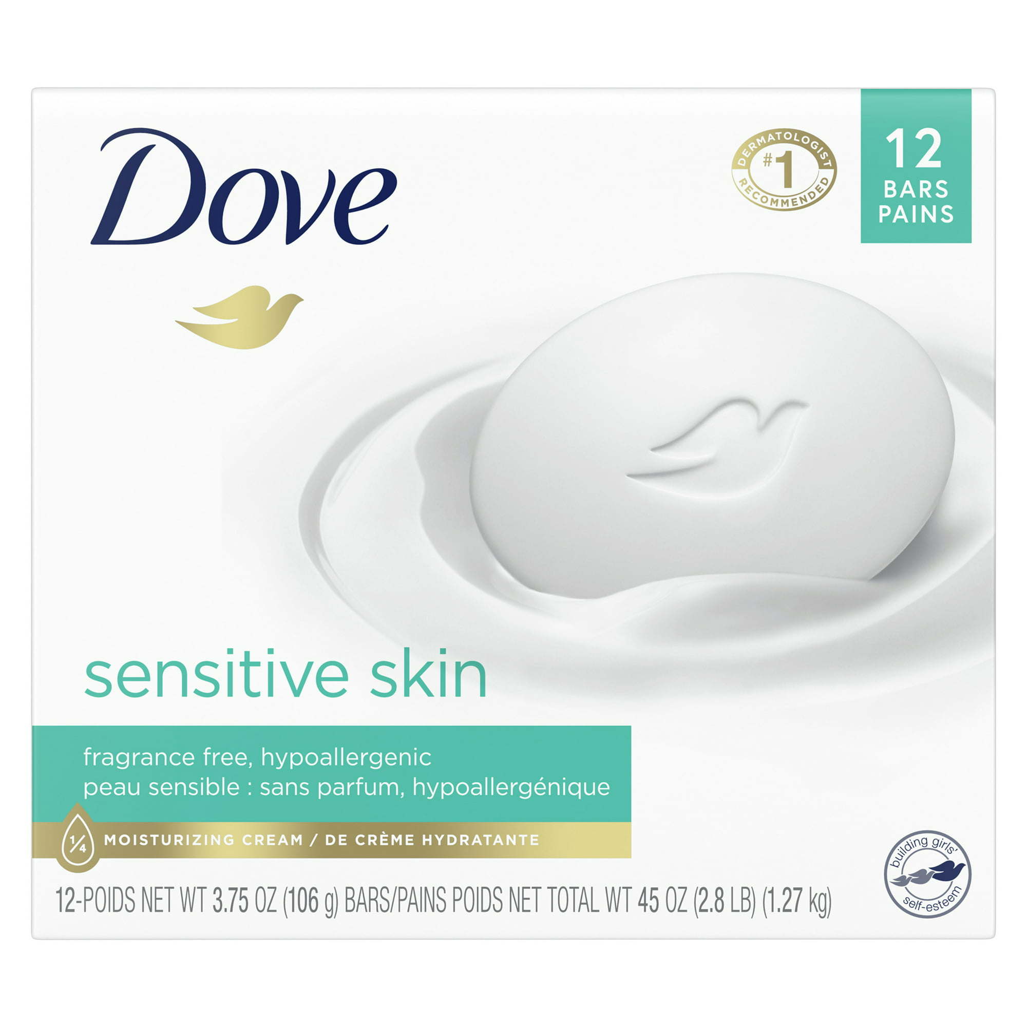 Dove Beauty Bar Sensitive Skin More Moisturizing Than Bar Soap, 3.75 oz, 12 Bars