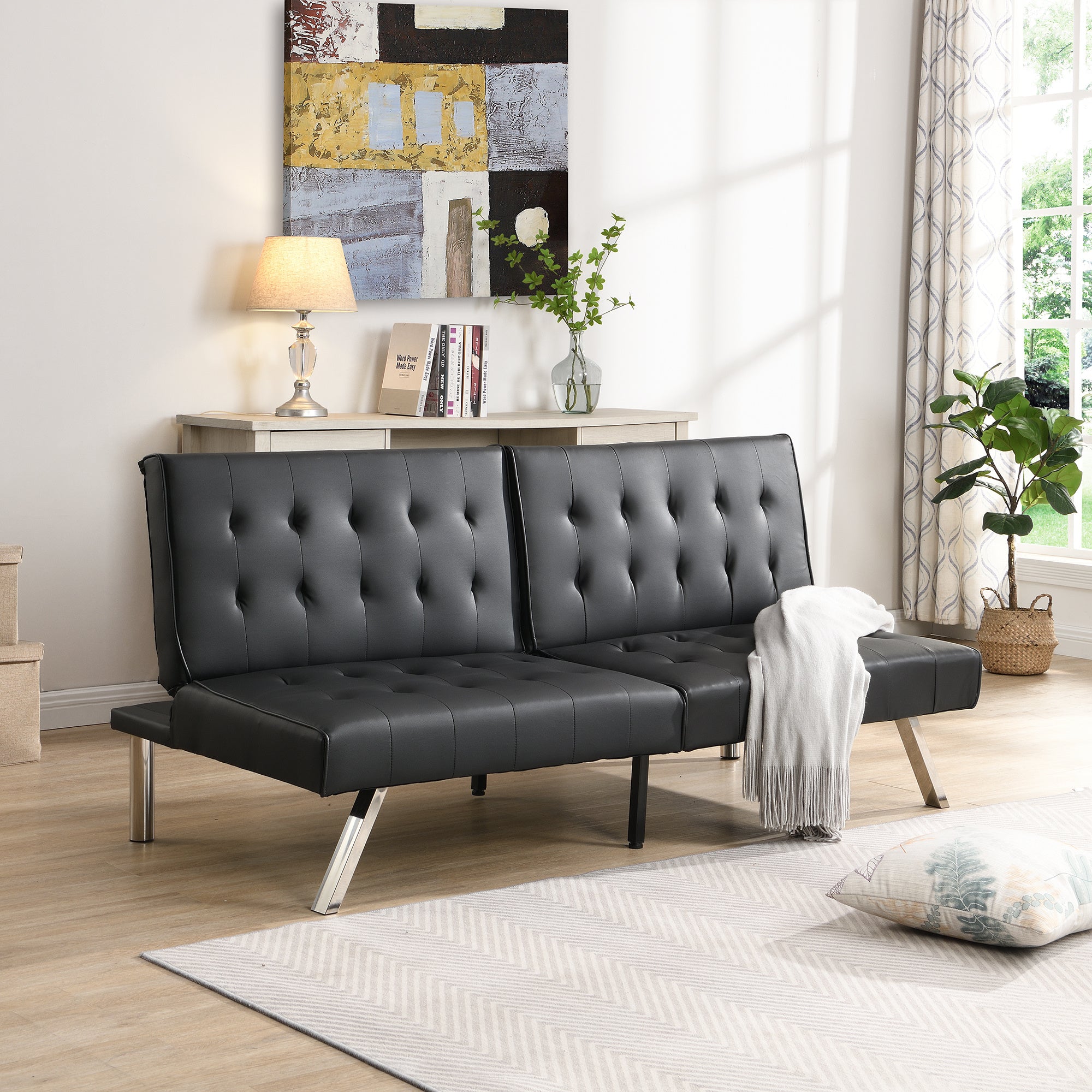 WOOD FRAME, STAINLESS LEG, FUTON, SOFA BED BLACK PVC