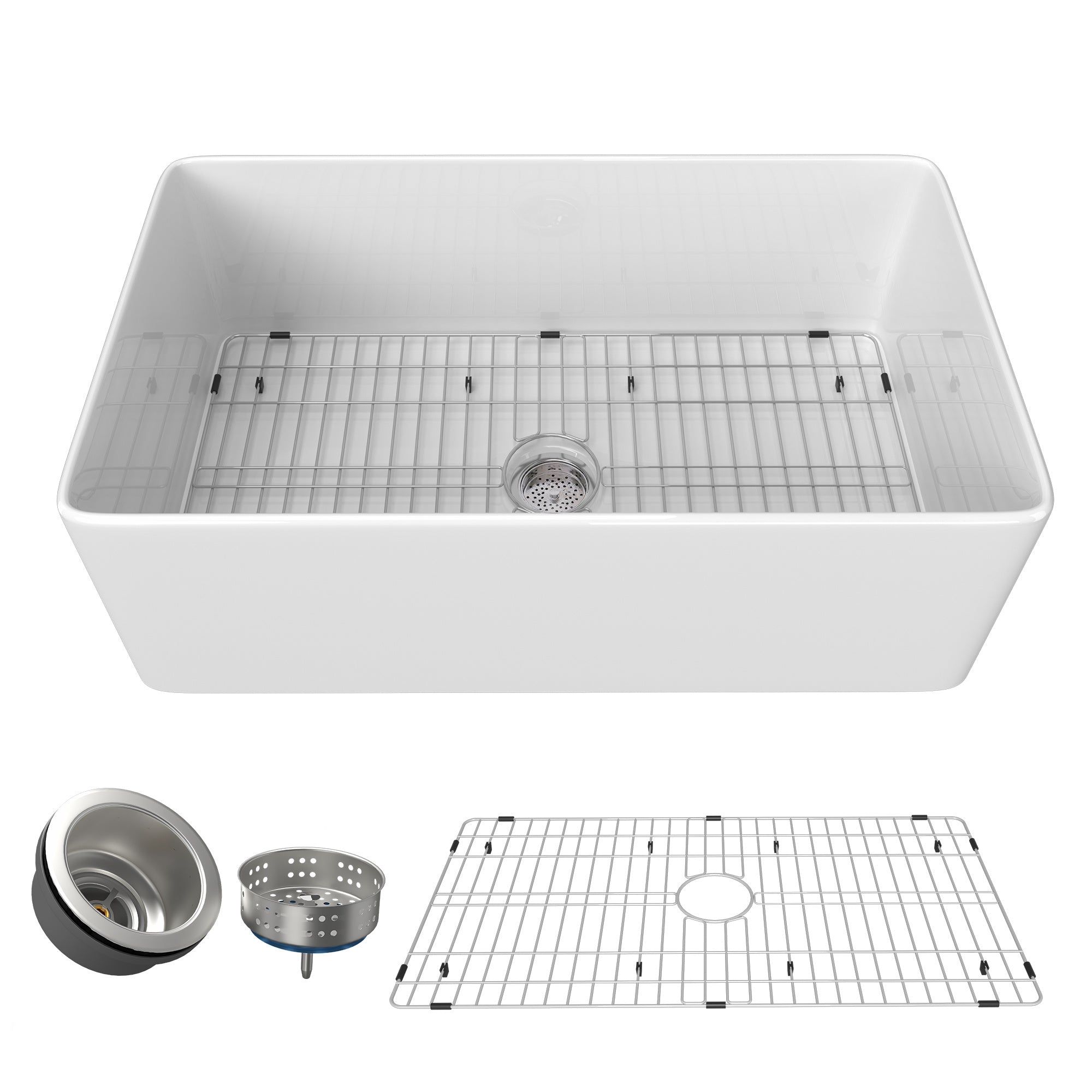 30 Inch Fireclay Farmhouse Kitchen Sink White Single Bowl Apron Front Kitchen Sink, Bottom Grid and Kitchen Sink Drain Included