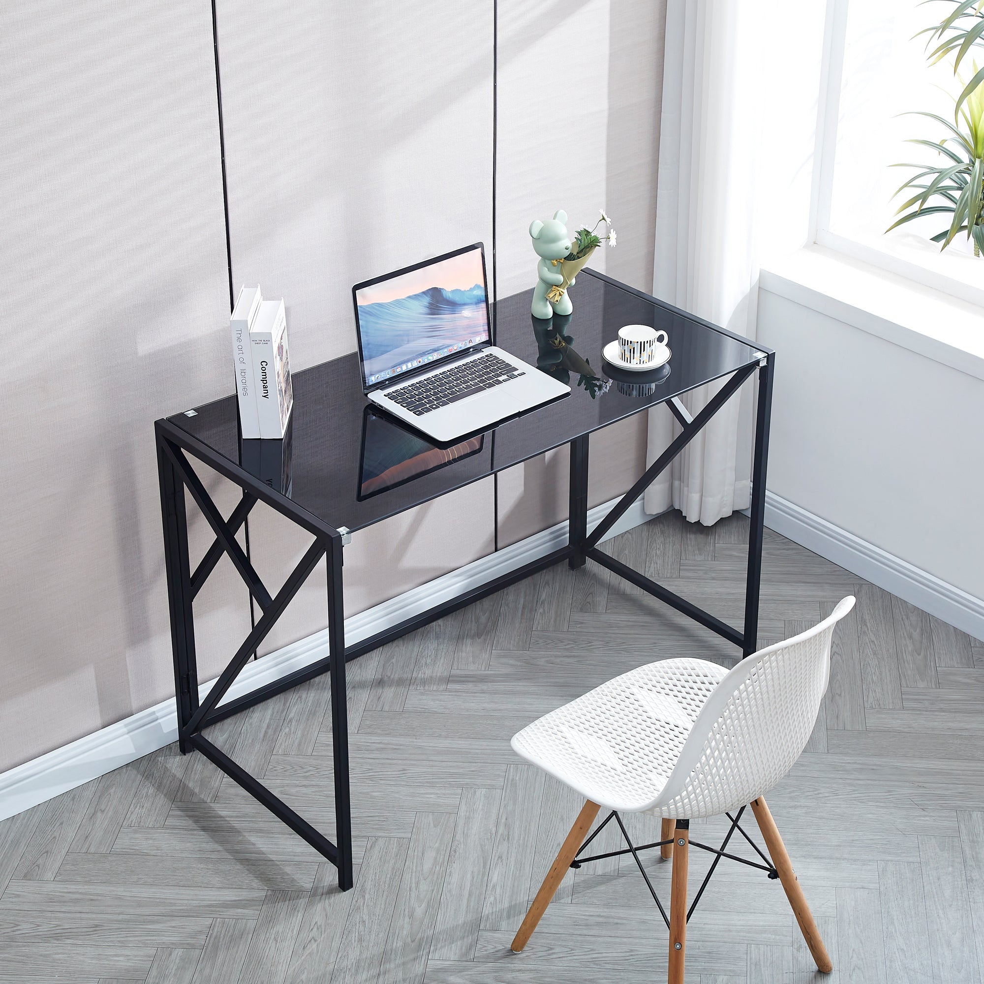 Tempered Black Glass Computer Desk, Laptop Desk, PC Laptop Table with Metal Frame, Writting Desk