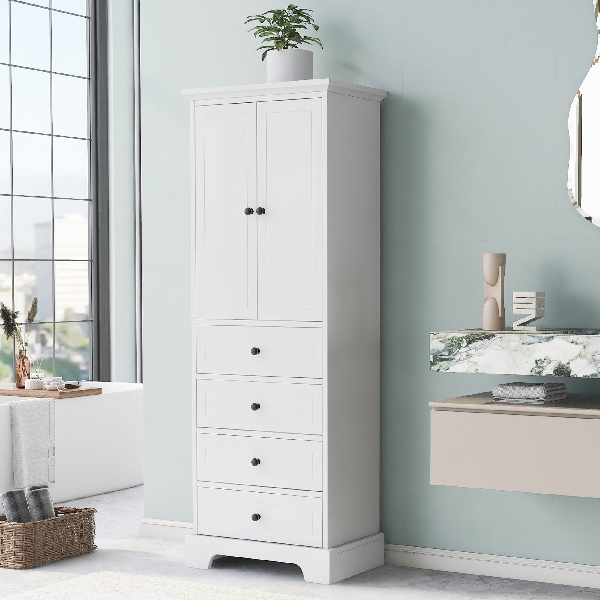 Storage Cabinet with 2 Doors and 4 Drawers for Bathroom, Office, Adjustable Shelf, MDF Board with Painted Finish, White