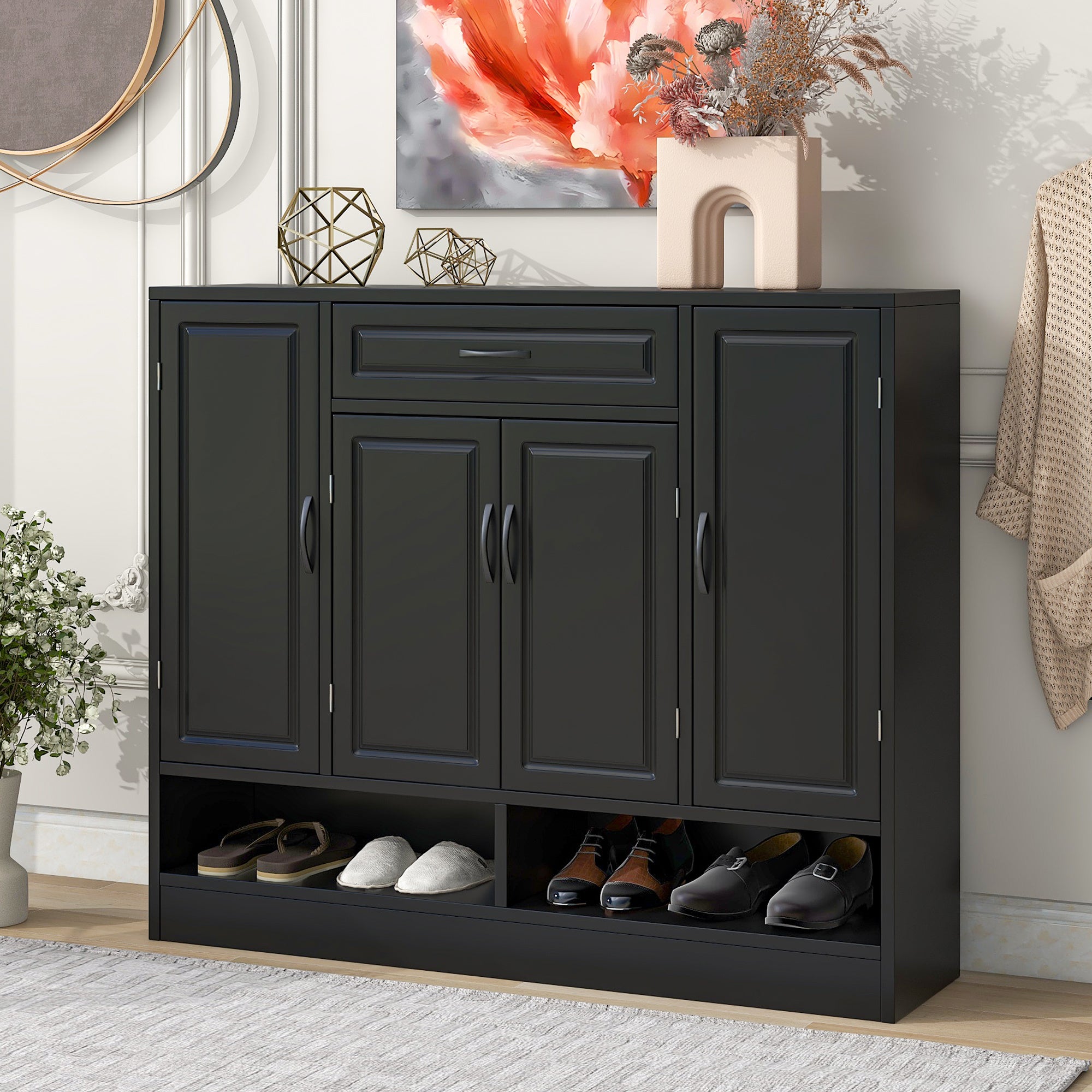 ON-TREND Sleek and Modern Shoe Cabinet with Adjustable Shelves, Minimalist Shoe Storage Organizer with Sturdy Top Surface, Space-saving Design Side Board for Various Sizes of Items, Black