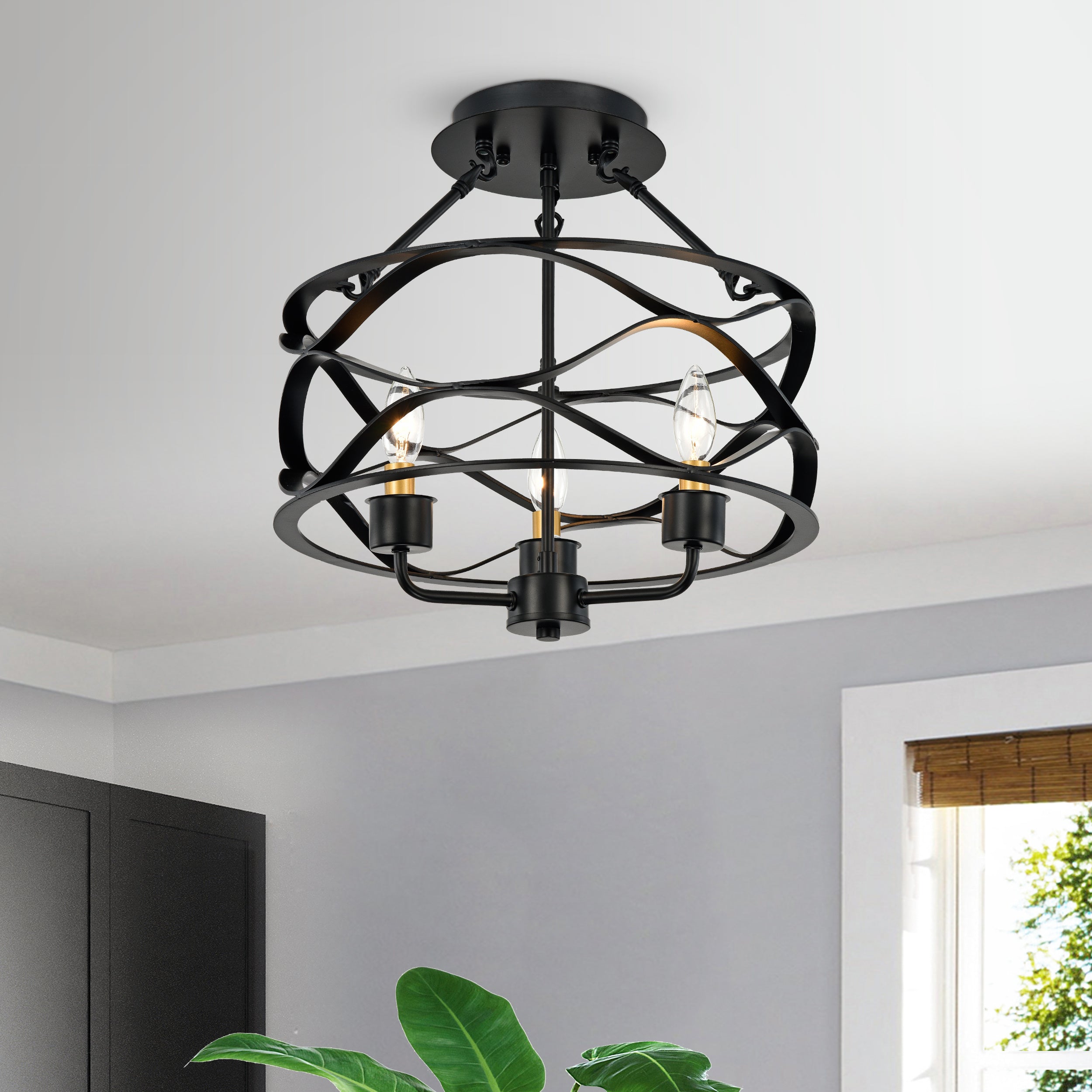 Marklin Matte Black Three Light Semi-Flush Mount Chandelier