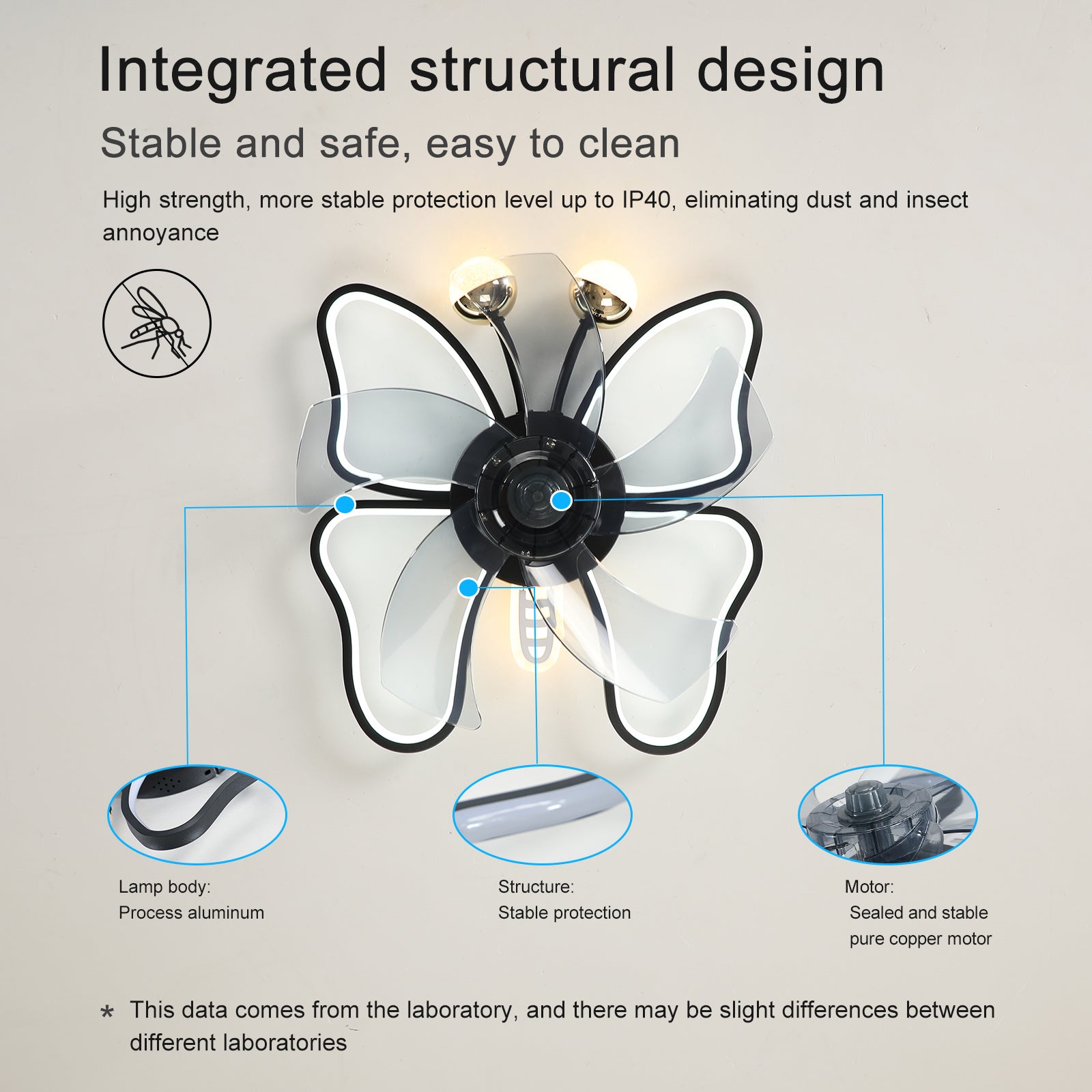 19.7 Inch Light Ceiling Fan with Lights Remote Control with Modern Butterfly Design Styling, Black, Fan for Bedroom, Living Room, Timing Function, Noi