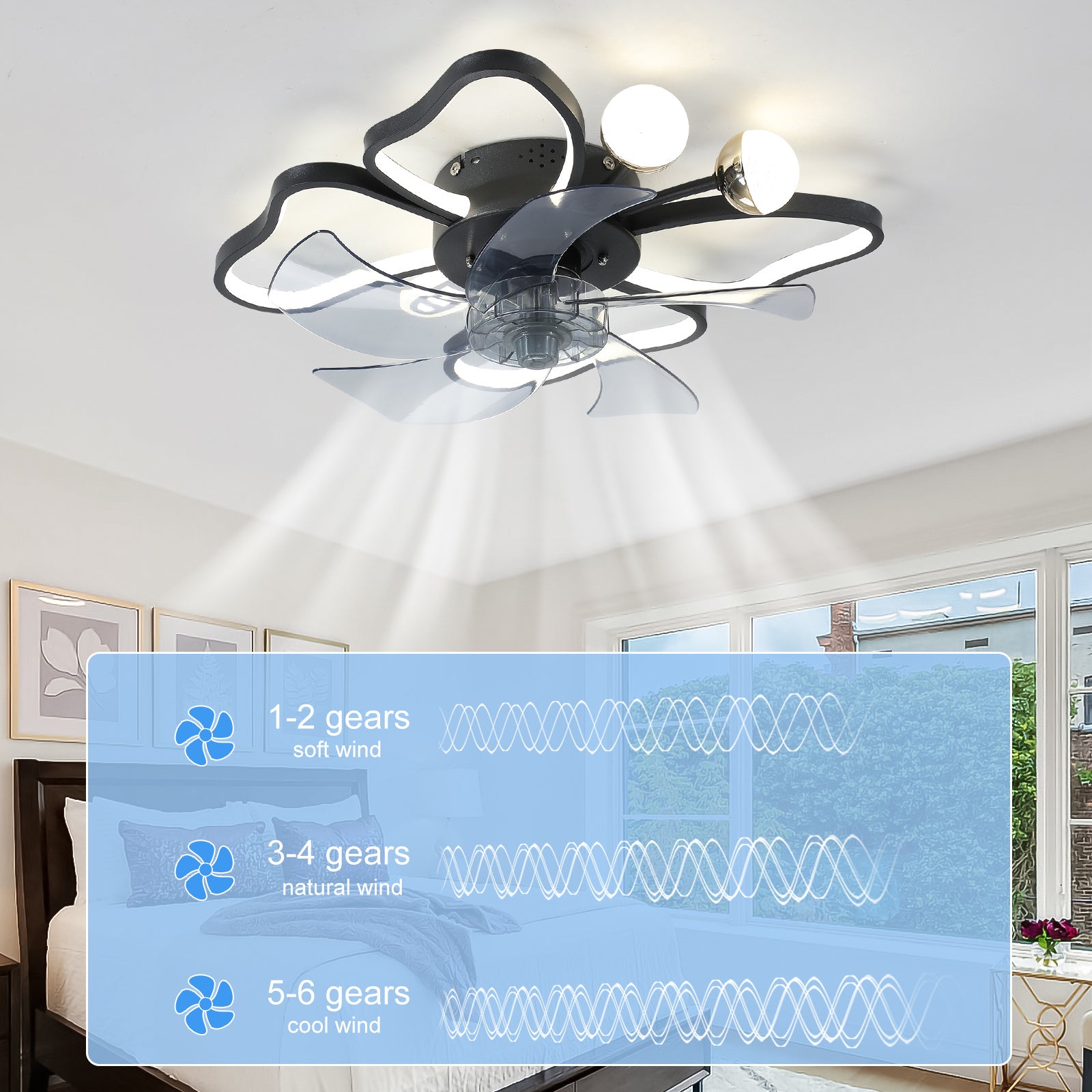 19.7 Inch Light Ceiling Fan with Lights Remote Control with Modern Butterfly Design Styling, Black, Fan for Bedroom, Living Room, Timing Function, Noi