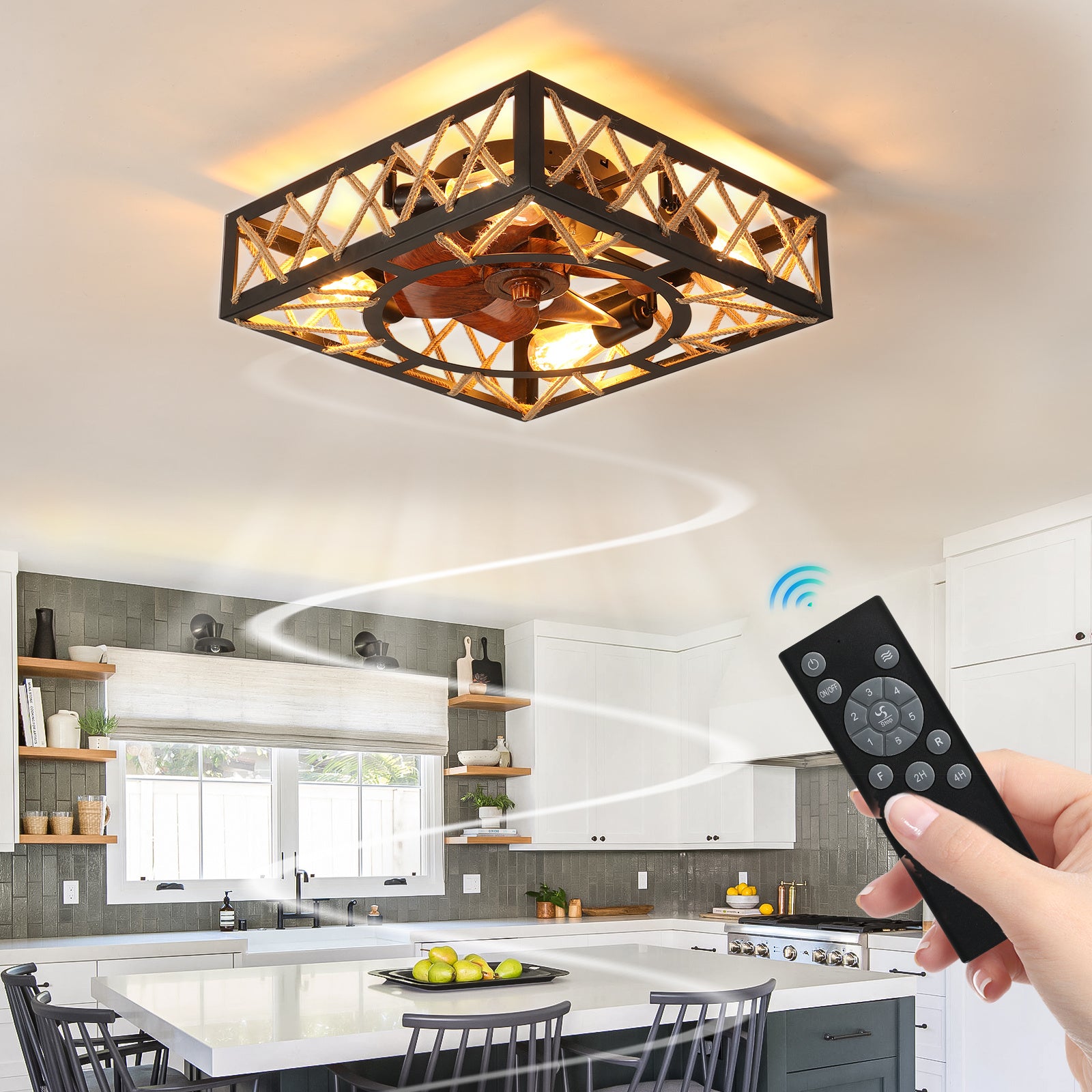 Farmhouse Rustic Ceiling Fan and Remote Control,Square Caged Industrial Ceiling Fixture with 6 Speeds & Noiseless DC Motor for Kitchen Dining Room Liv