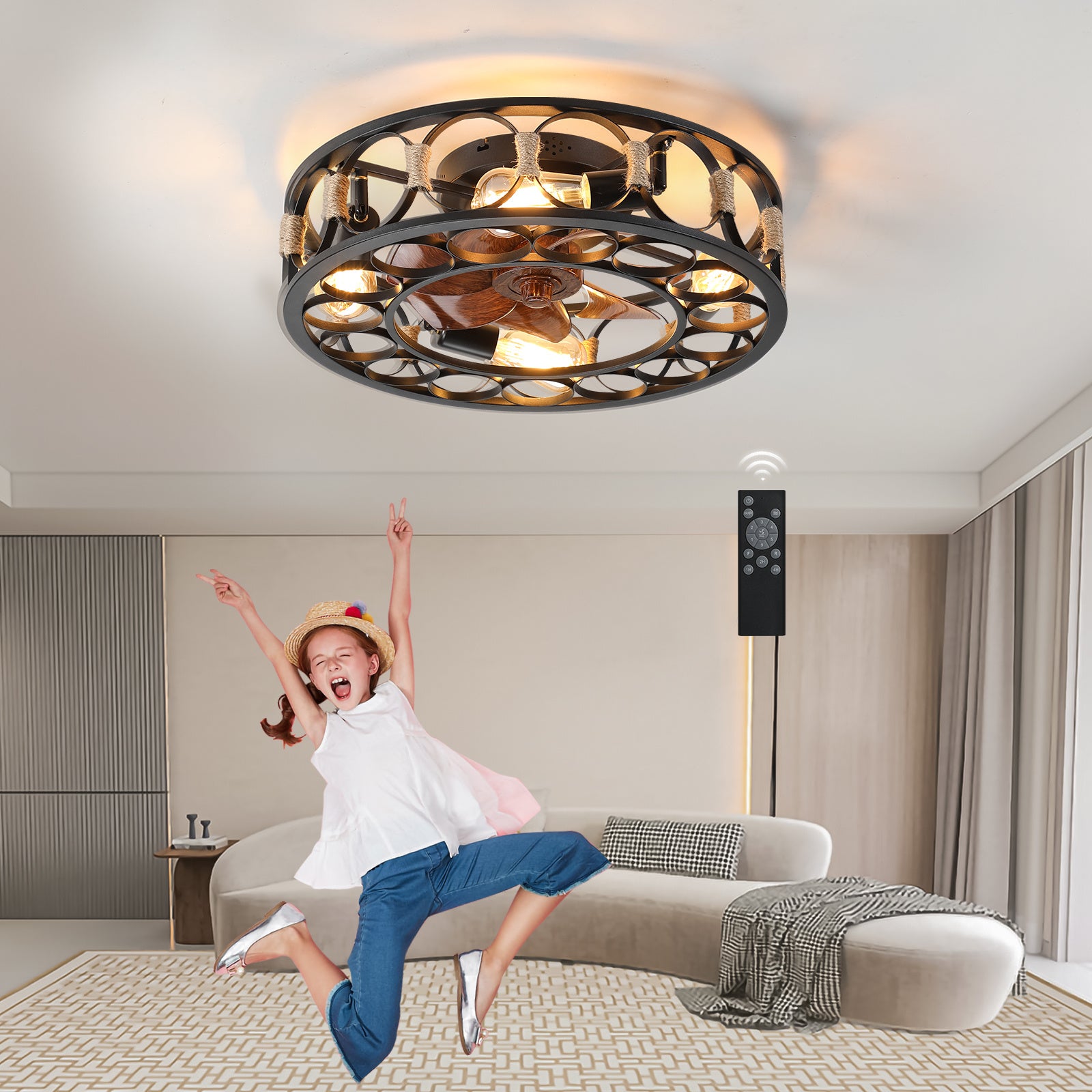 Caged Ceiling Fan with Lights Remote Control, Low Profile Flush Mount Farmhouse Modern Ceiling fans, 6 Speeds Reversible Blades, 5 LED Bulbs Include(B