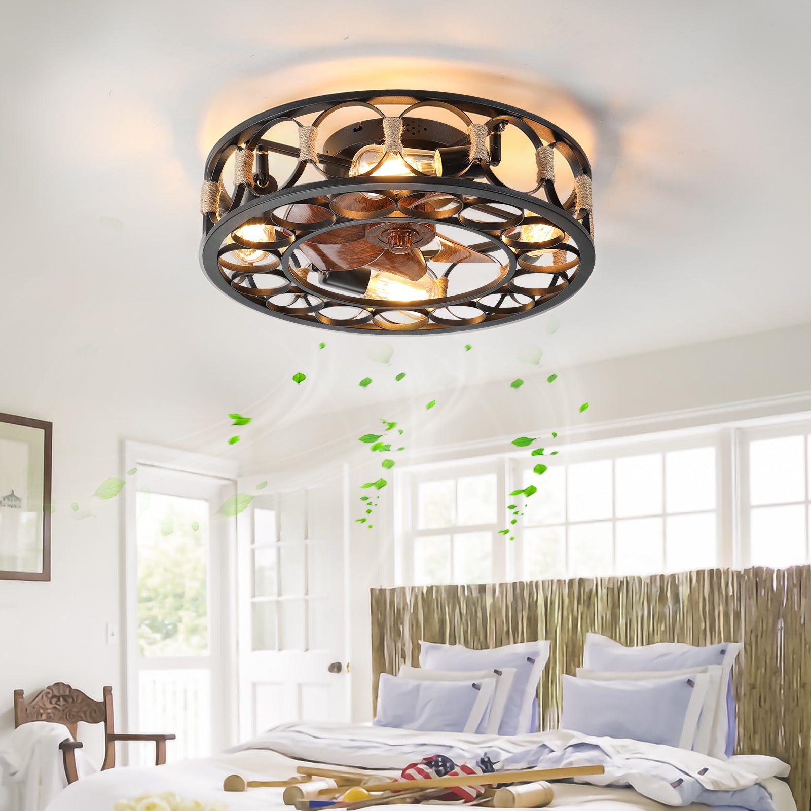 Caged Ceiling Fan with Lights Remote Control, Low Profile Flush Mount Farmhouse Modern Ceiling fans, 6 Speeds Reversible Blades, 5 LED Bulbs Include(B