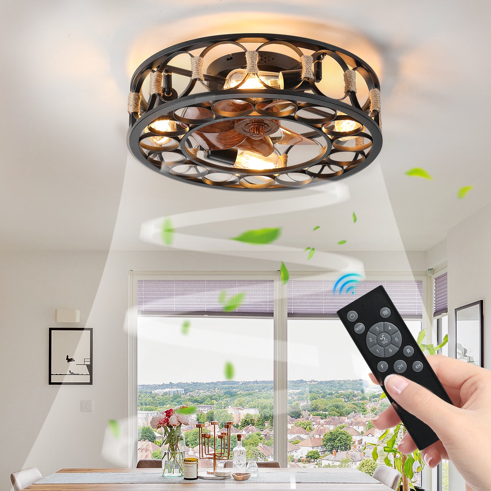 Caged Ceiling Fan with Lights Remote Control, Low Profile Flush Mount Farmhouse Modern Ceiling fans, 6 Speeds Reversible Blades, 5 LED Bulbs Include(B