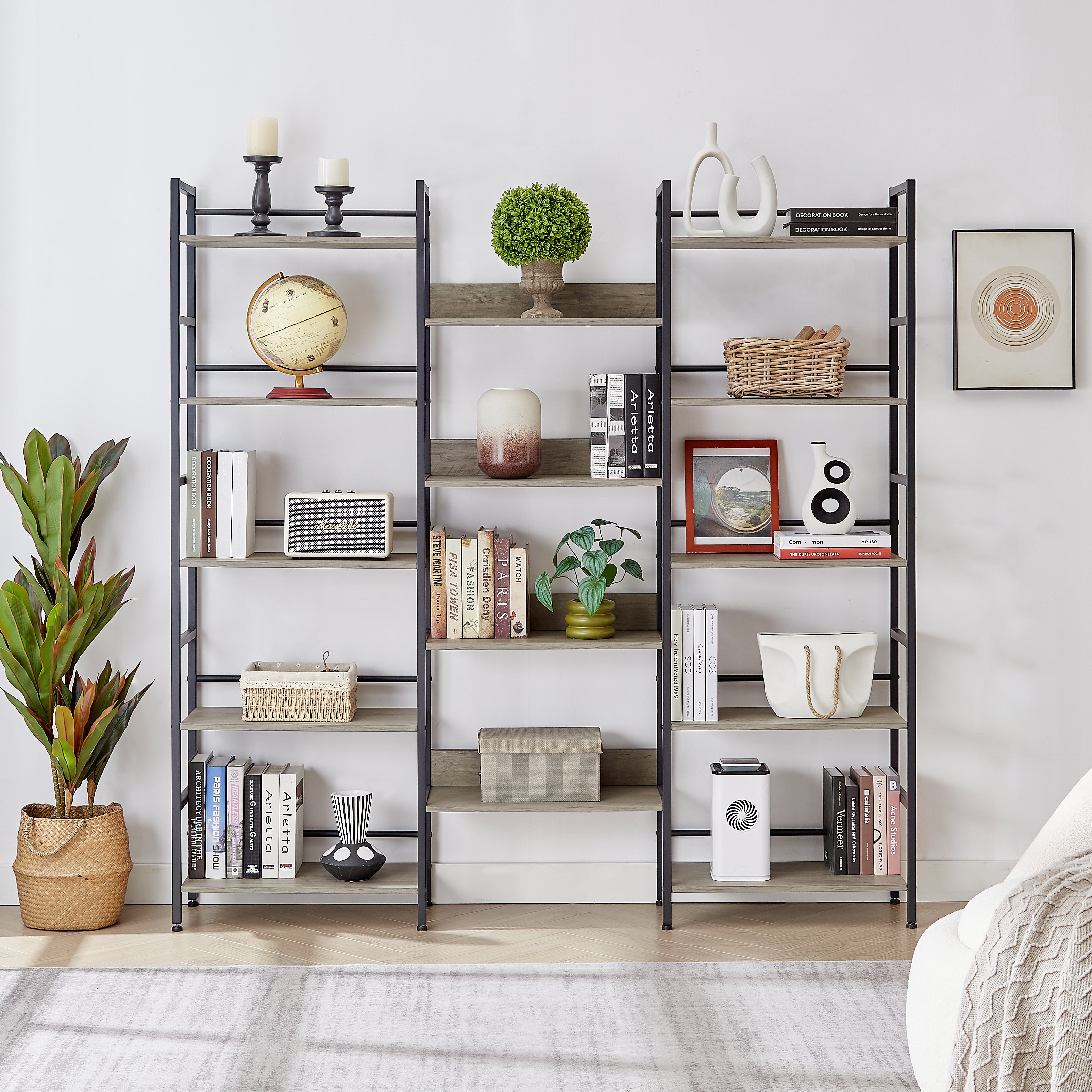 Triple Wide 5-shelf Bookshelves Industrial Retro Wooden Style Home and Office Large Open Bookshelves, Grey, 69.3"W x 11.8"D x 70.1"H