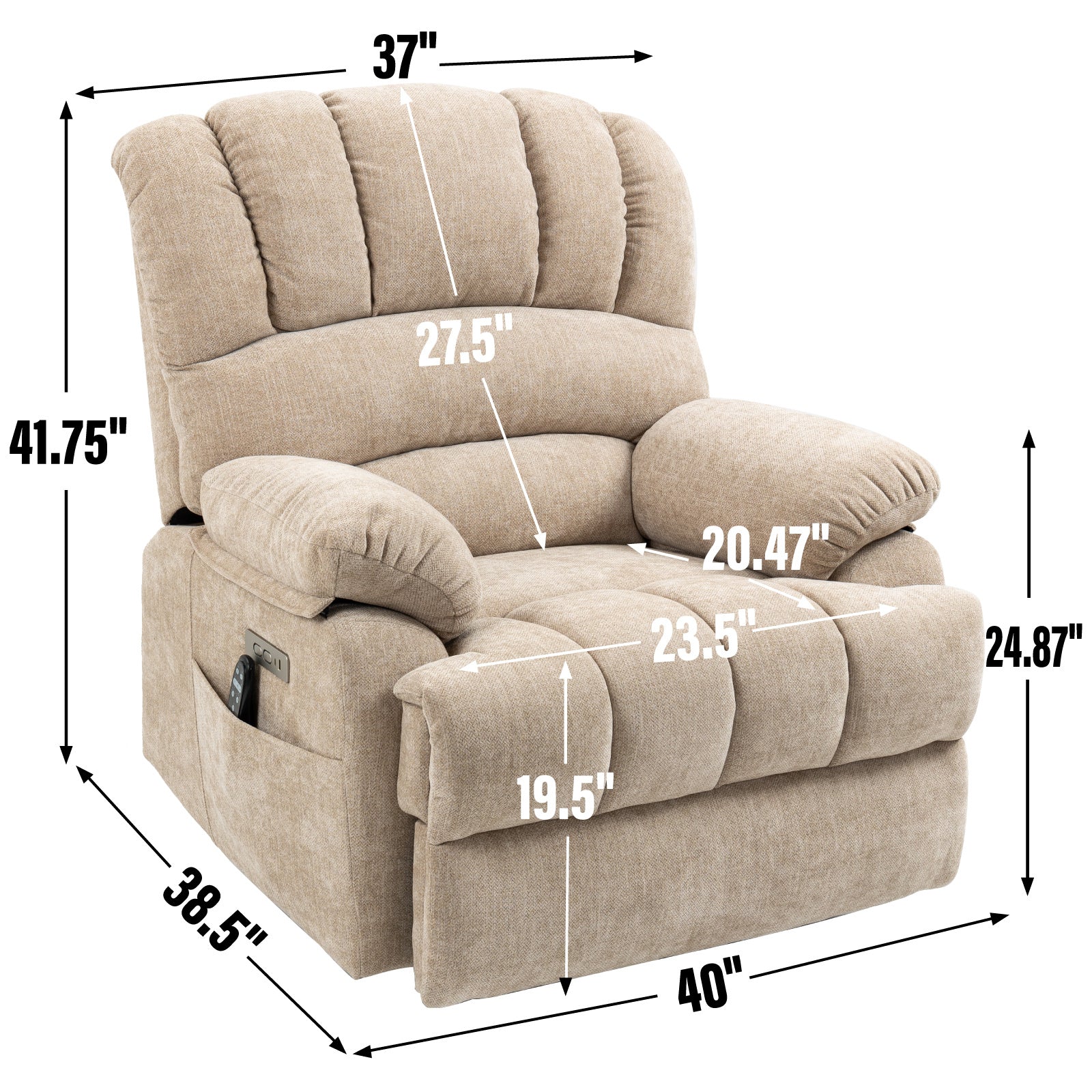 23" Seat Width and High Back Large Size Beige Chenille Power Lift Recliner Chair with 8-Point Vibration Massage and Lumbar Heating