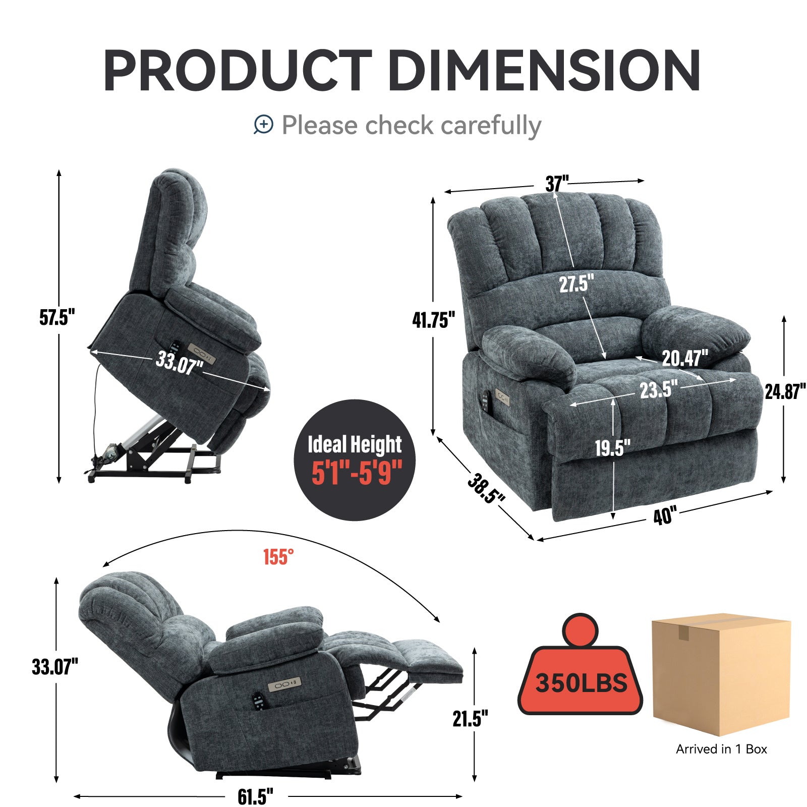 23" Seat Width and High Back Large Size Blue Chenille Power Lift Recliner Chair with 8-Point Vibration Massage and Lumbar Heating