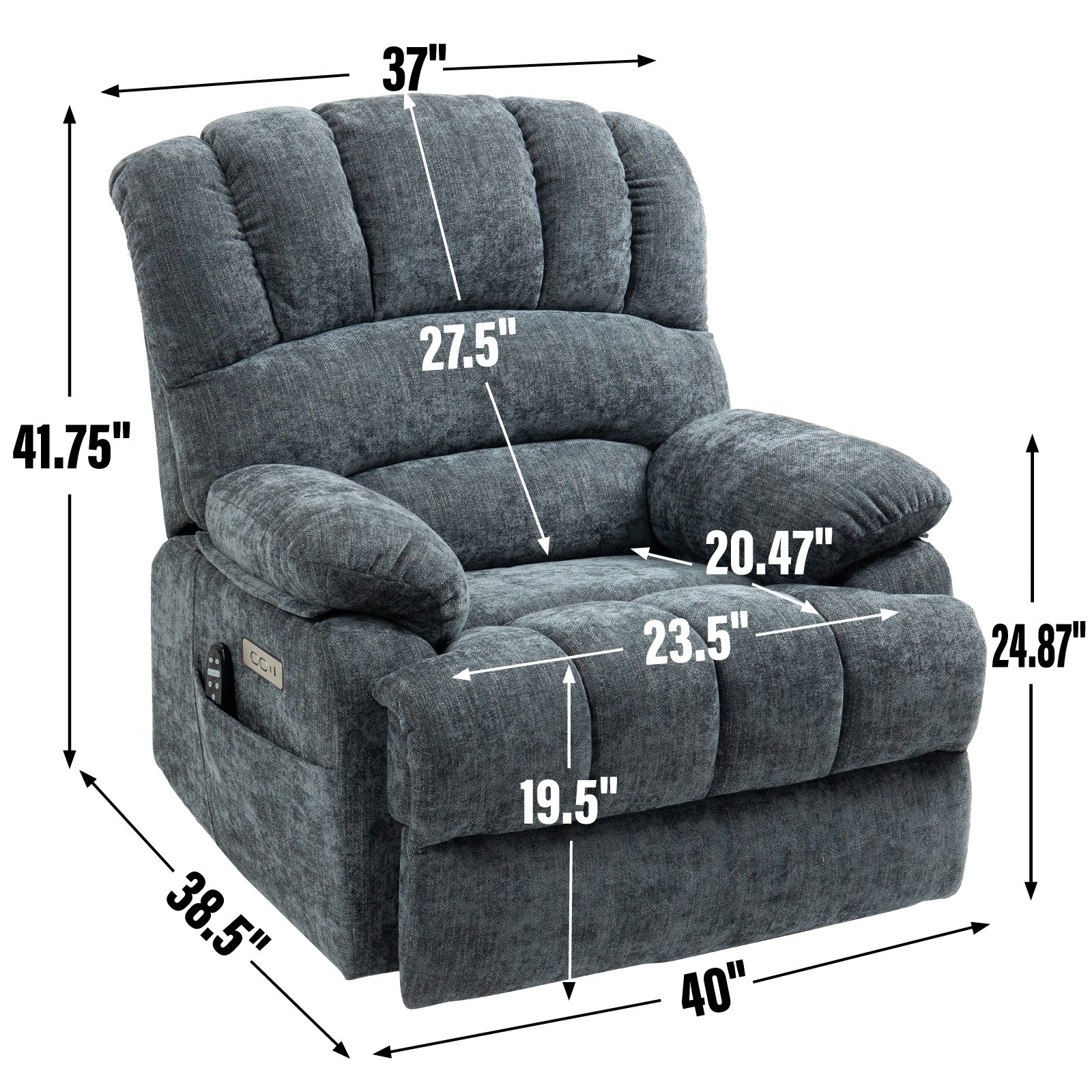 23" Seat Width and High Back Large Size Blue Chenille Power Lift Recliner Chair with 8-Point Vibration Massage and Lumbar Heating