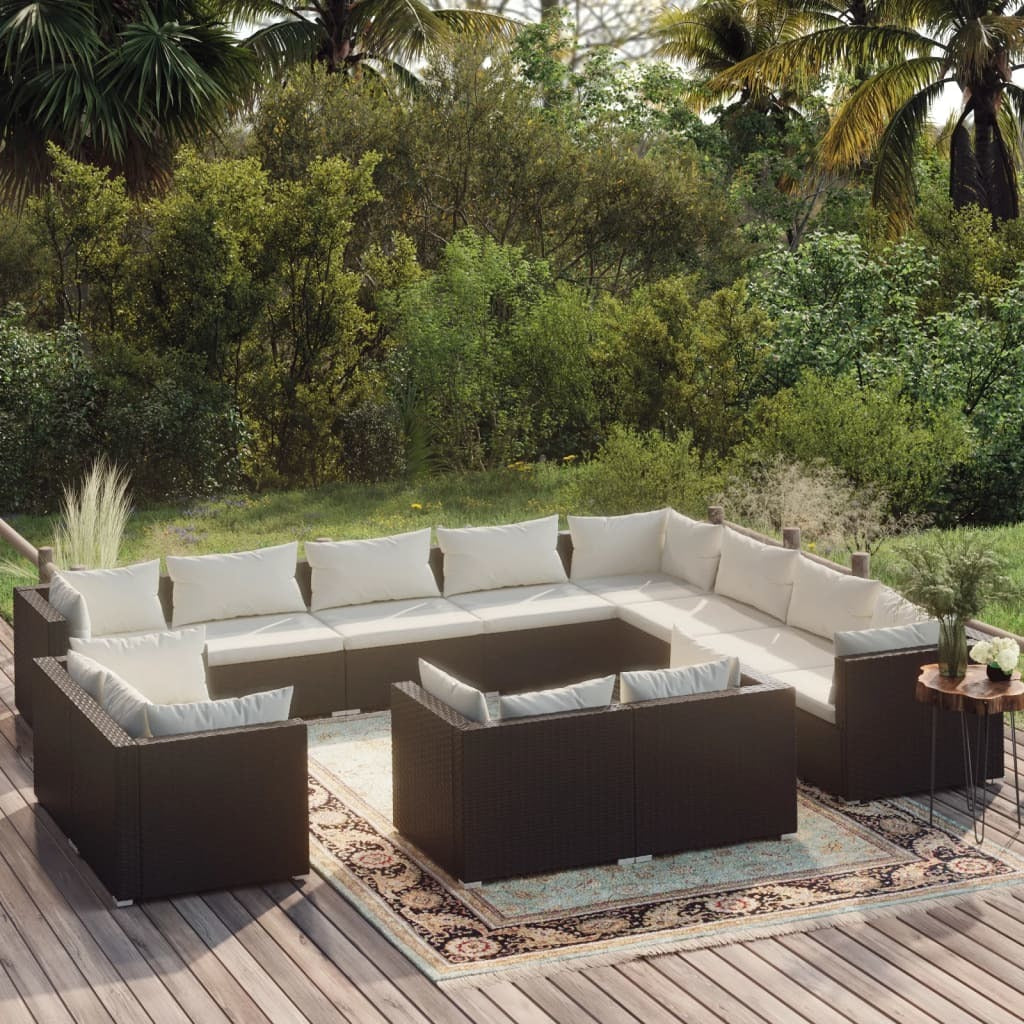 12 Piece Patio Lounge Set with Cushions Black Poly Rattan