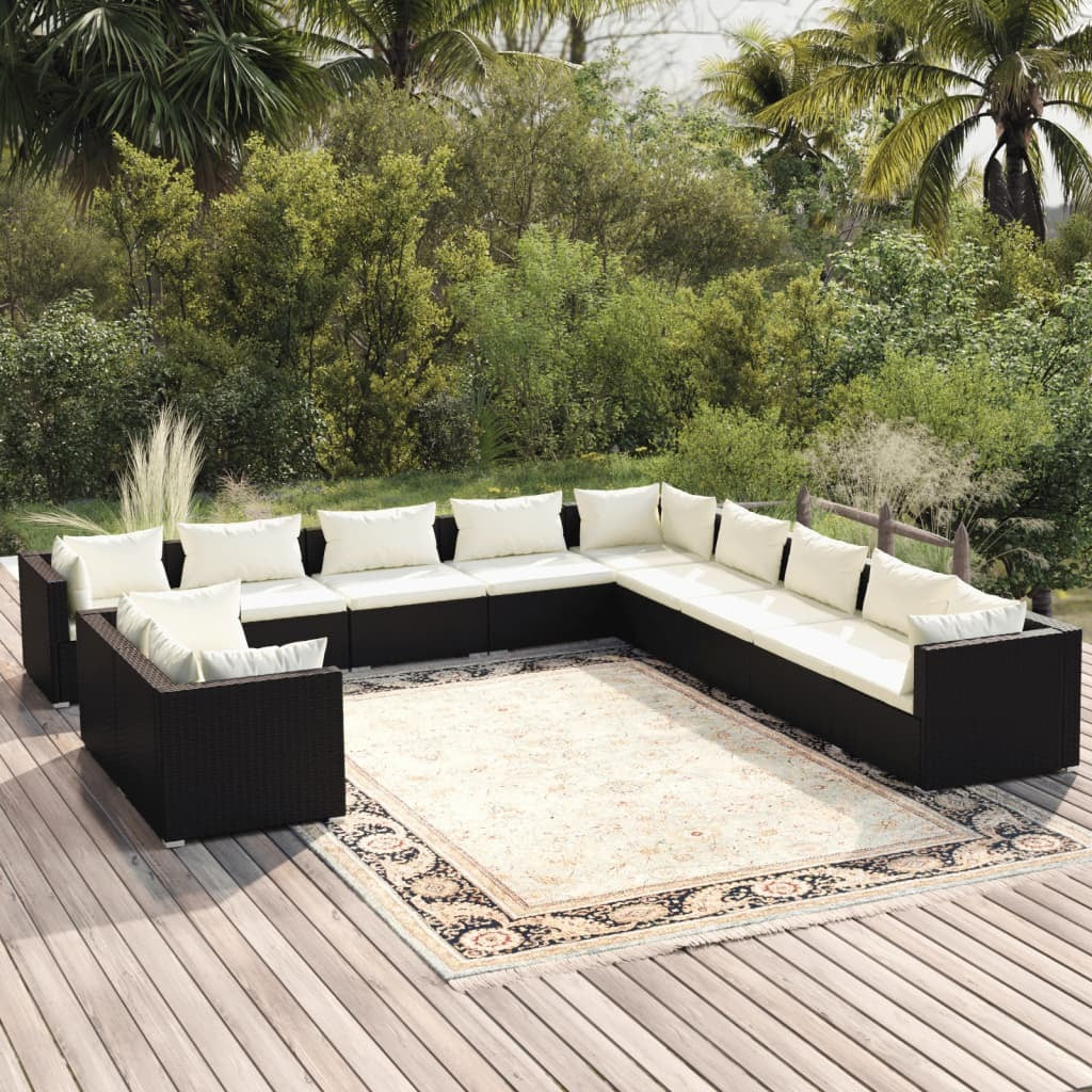 11 Piece Patio Lounge Set with Cushions Black Poly Rattan