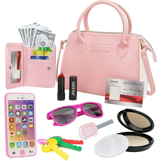 Little Girls Purse, Click N' Play Pretend Play Purse 20 Piece Set, Toys for Girls 3+, Toy Purse with Makeup, Smartphone, Wallet, Keys, Sunglasses